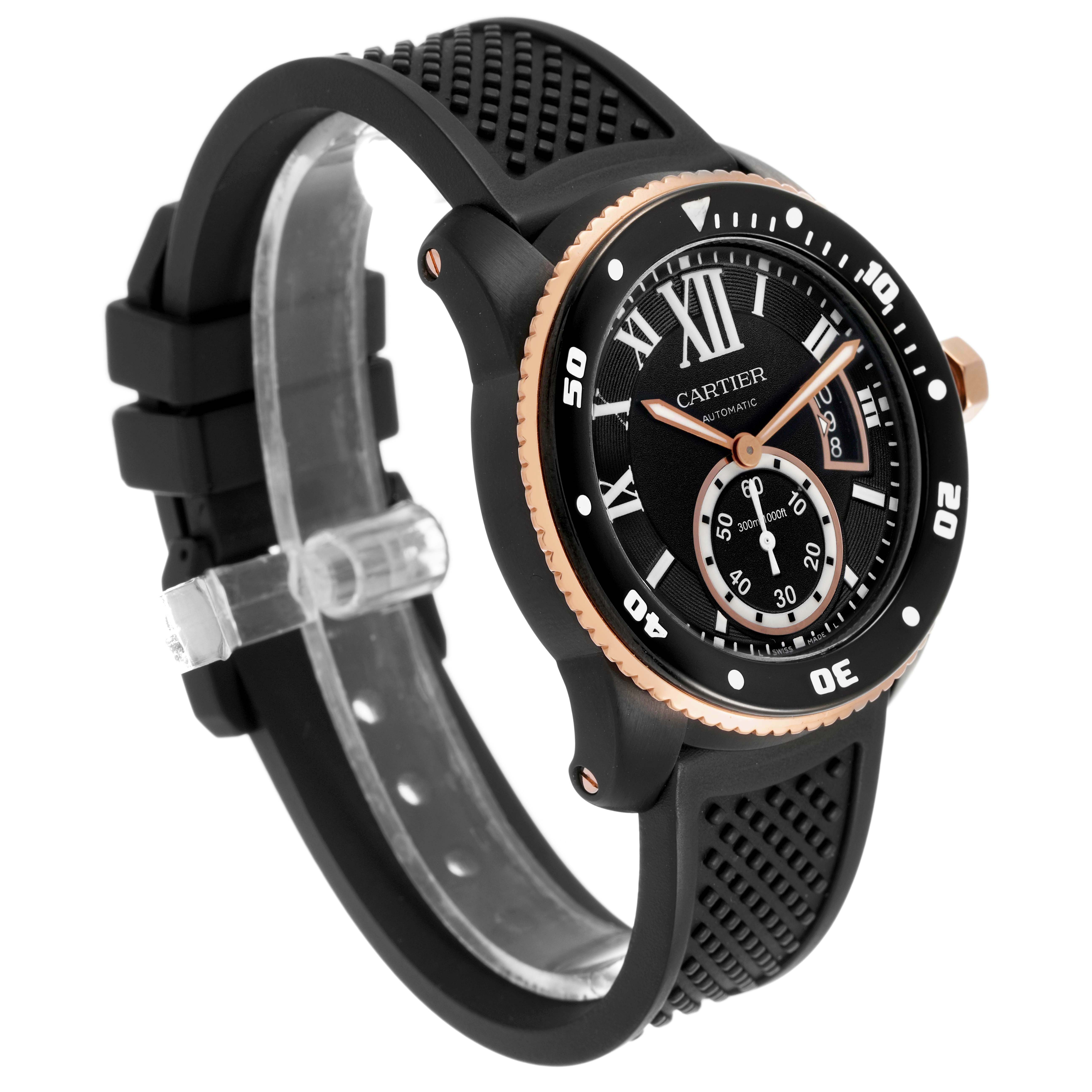 The Calibre de Cartier watch is shown at a three-quarter angle, highlighting the face, bezel, and textured strap.