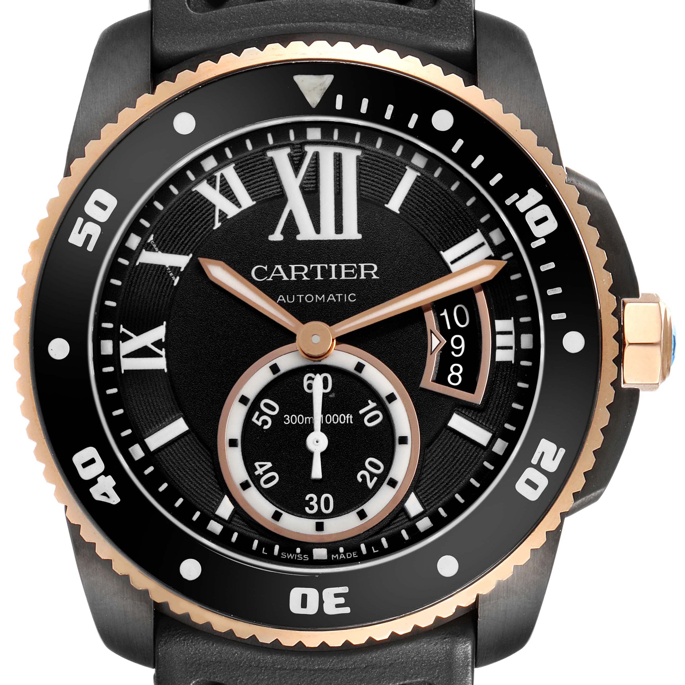 The image shows a front view of the Calibre de Cartier watch, showcasing its dial, hands, bezel, and crown.