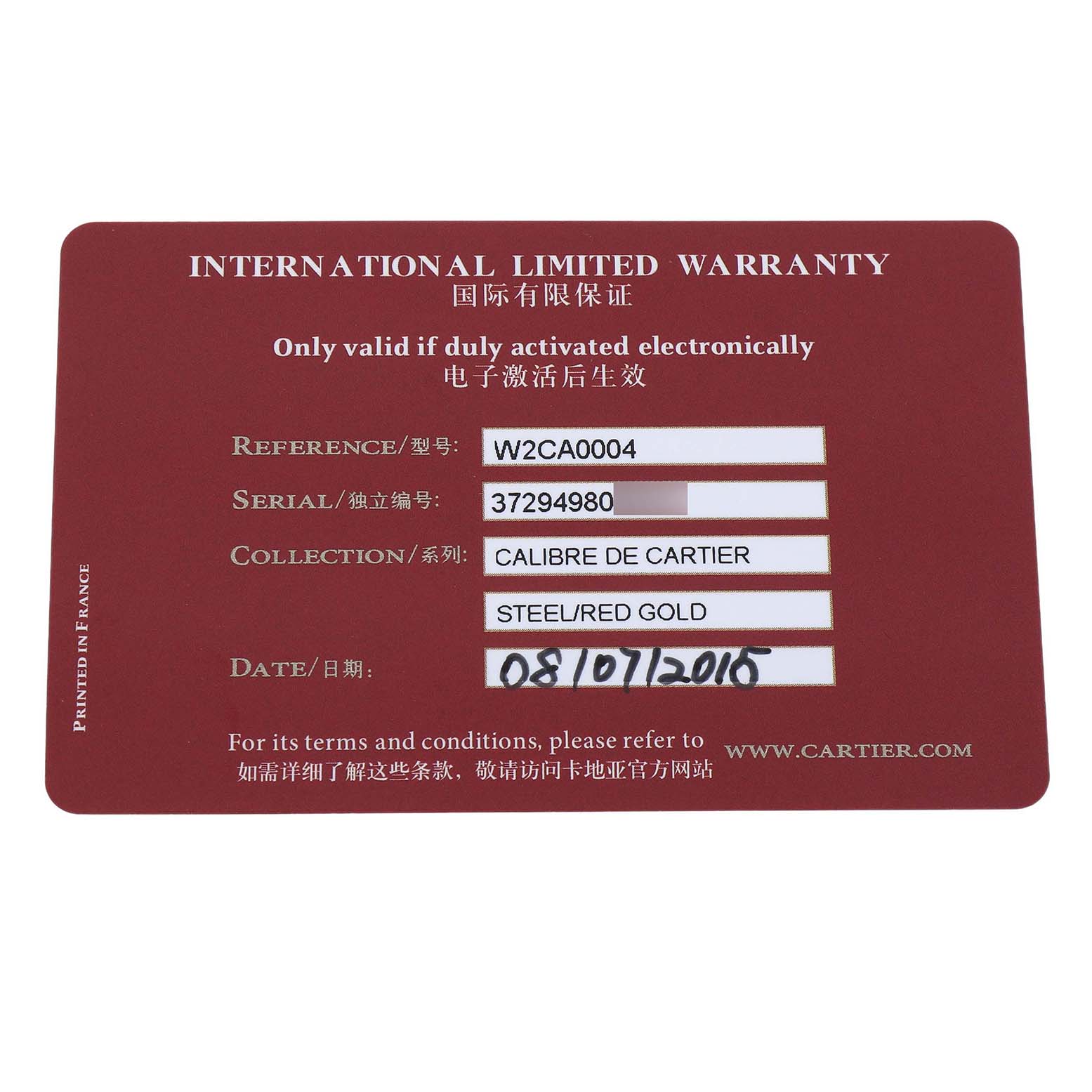 The image shows an International Limited Warranty card for the Calibre de Cartier watch by Cartier.