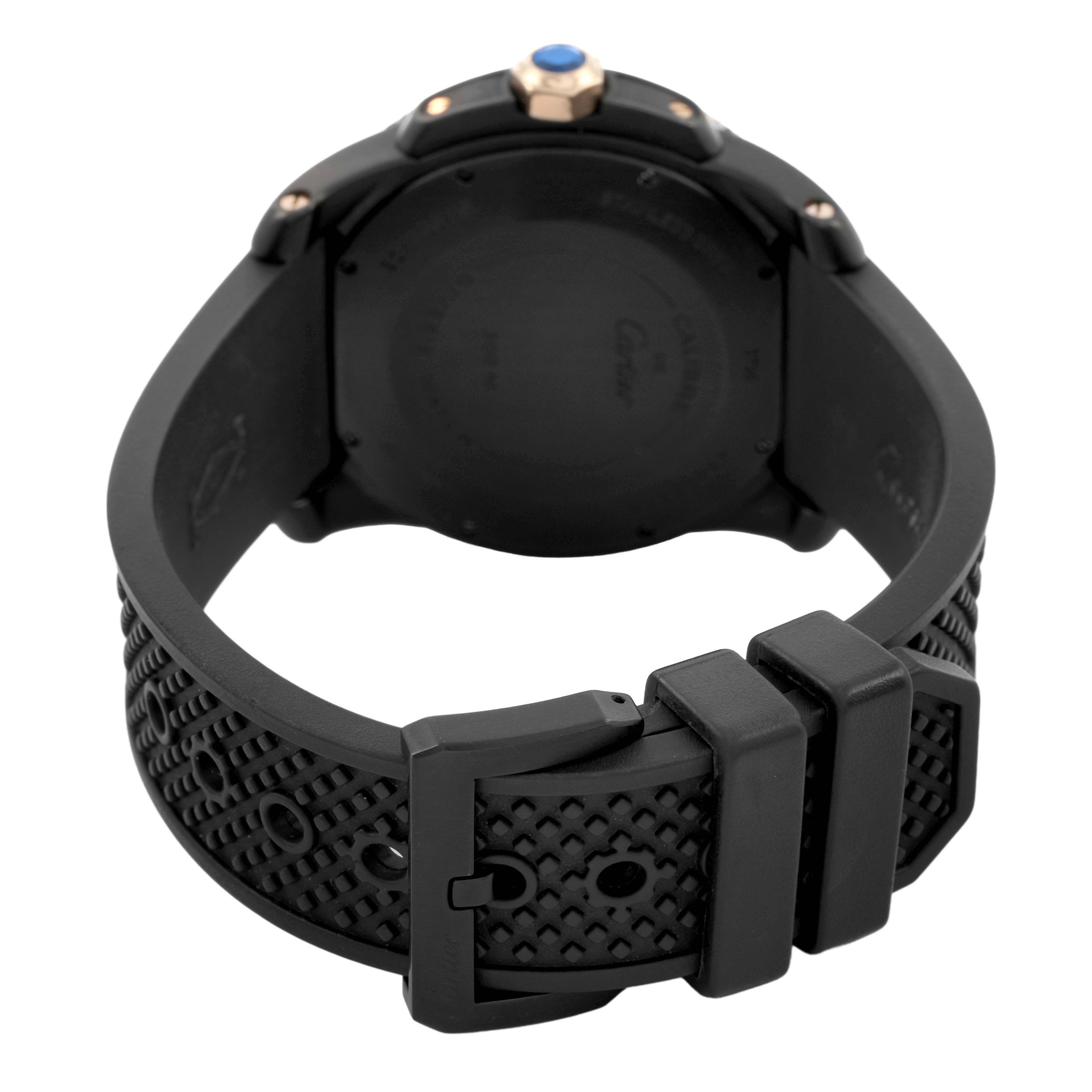The image shows the back view of the Calibre de Cartier watch by Cartier, highlighting the strap and clasp.