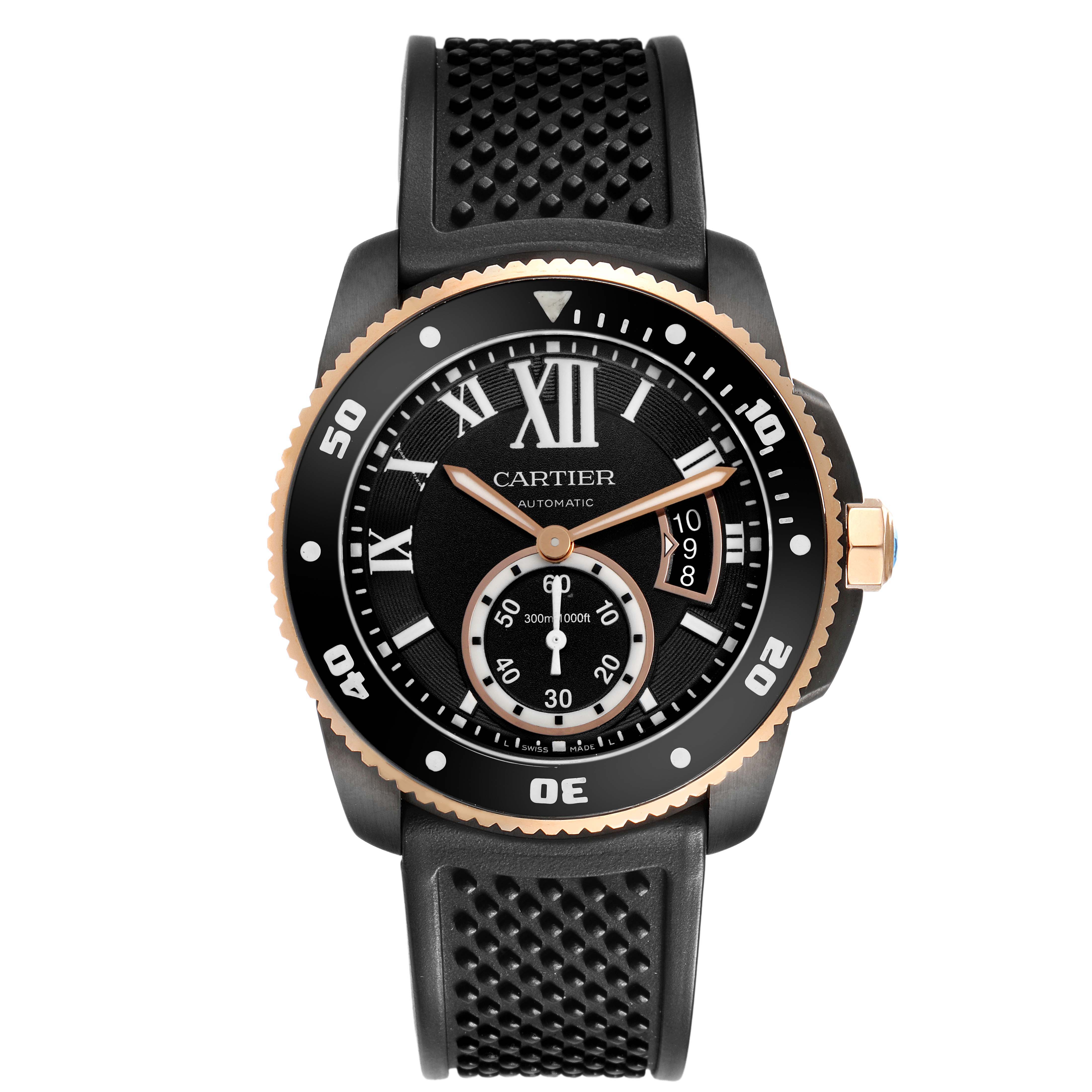 The Calibre de Cartier watch by Cartier is shown from a front angle, highlighting its face, bezel, and strap.