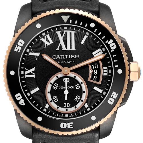 The Calibre de Cartier watch is shown from the front, featuring its dial, bezel, and crown.