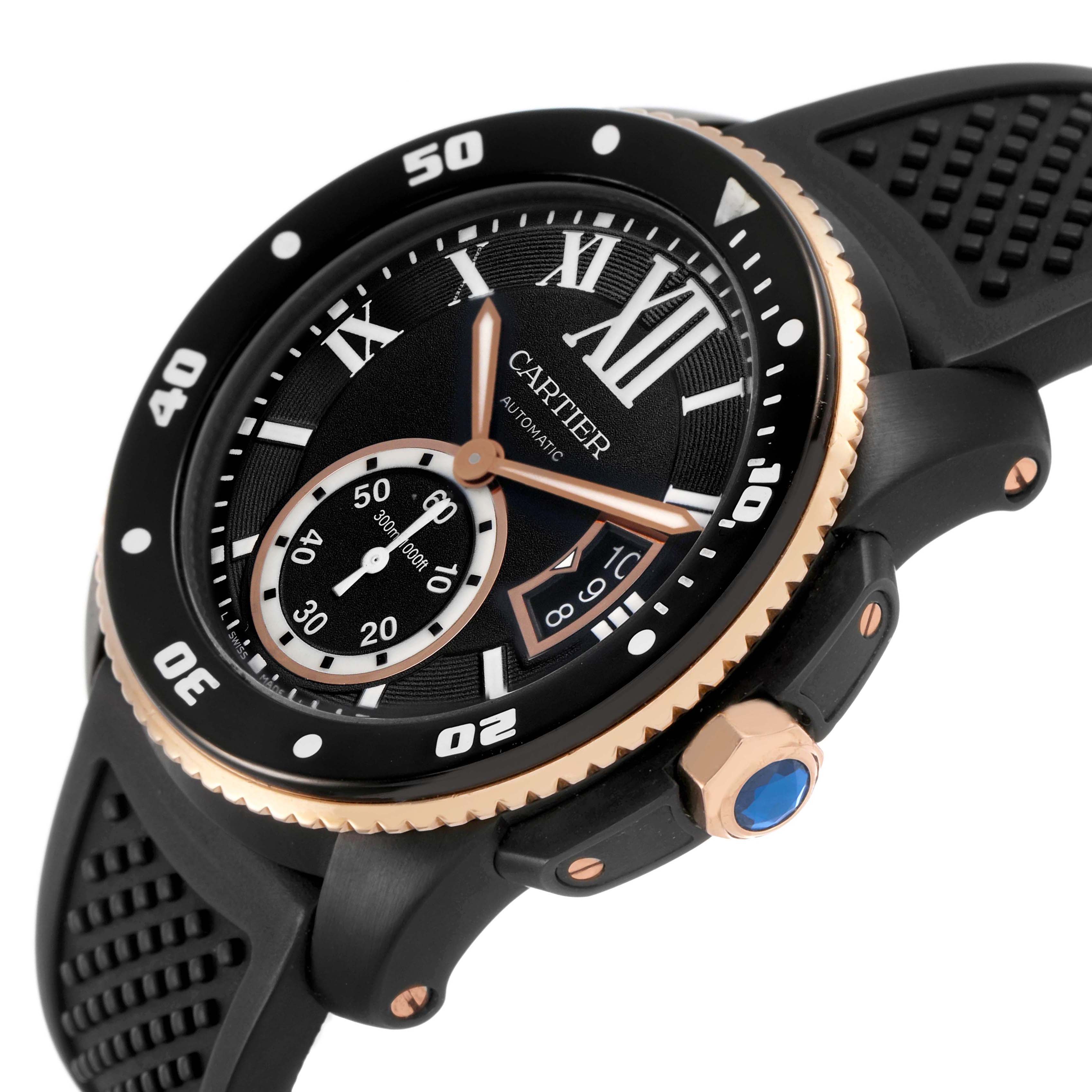 The image shows the Calibre de Cartier watch at a side angle, highlighting the bezel, crown, strap, and dial.