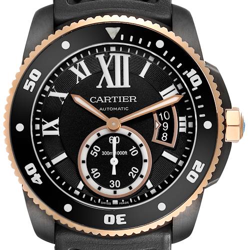 The Calibre de Cartier watch is shown from the front, highlighting the dial, hands, bezel, and crown.