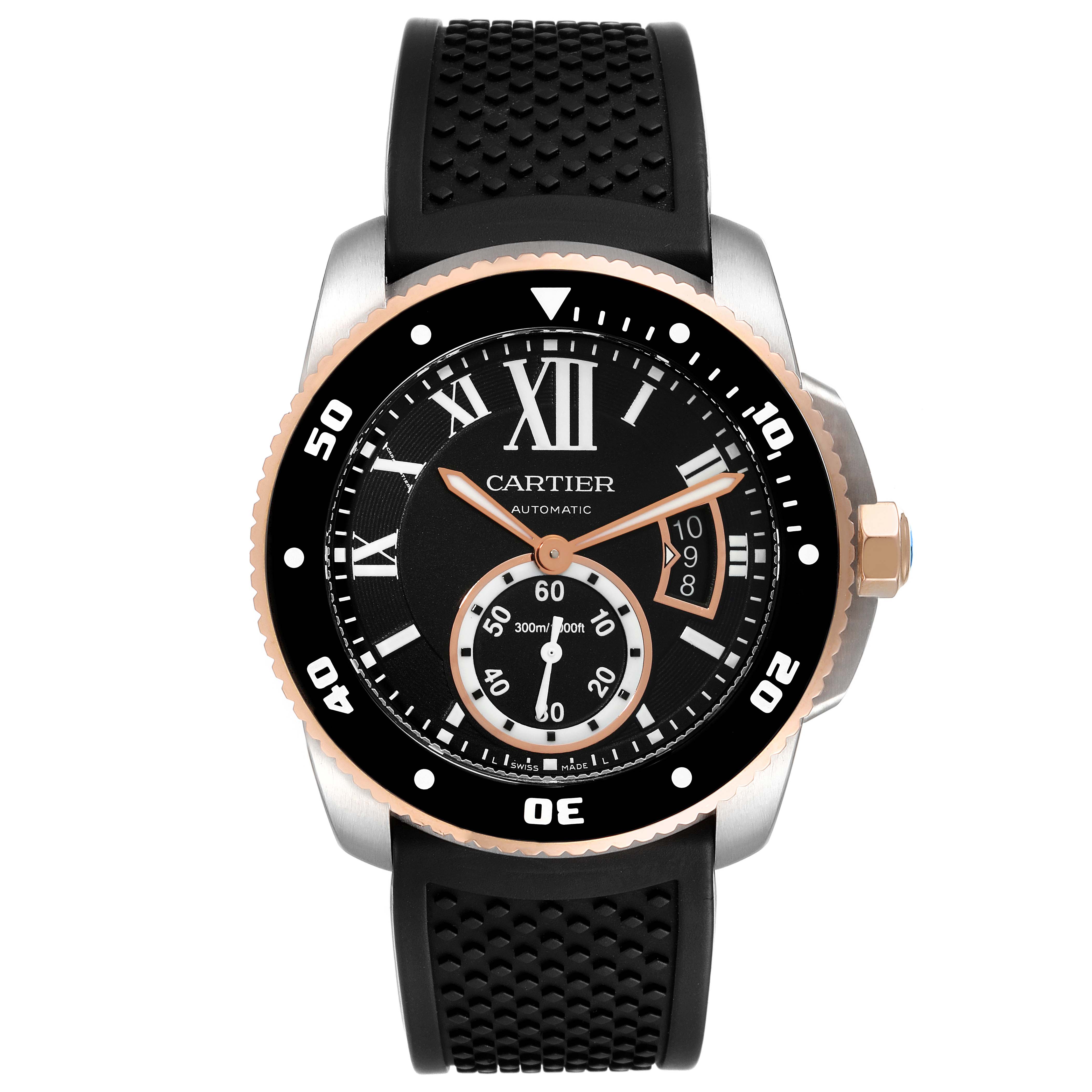 The image shows a front view of a Calibre de Cartier watch by Cartier, highlighting the dial, bezel, and rubber strap.