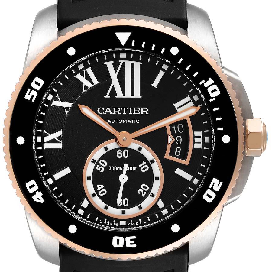 Cartier Calibre Diver Steel Rose Gold Black Dial Mens Watch W7100055 Box Papers SwissWatchExpo