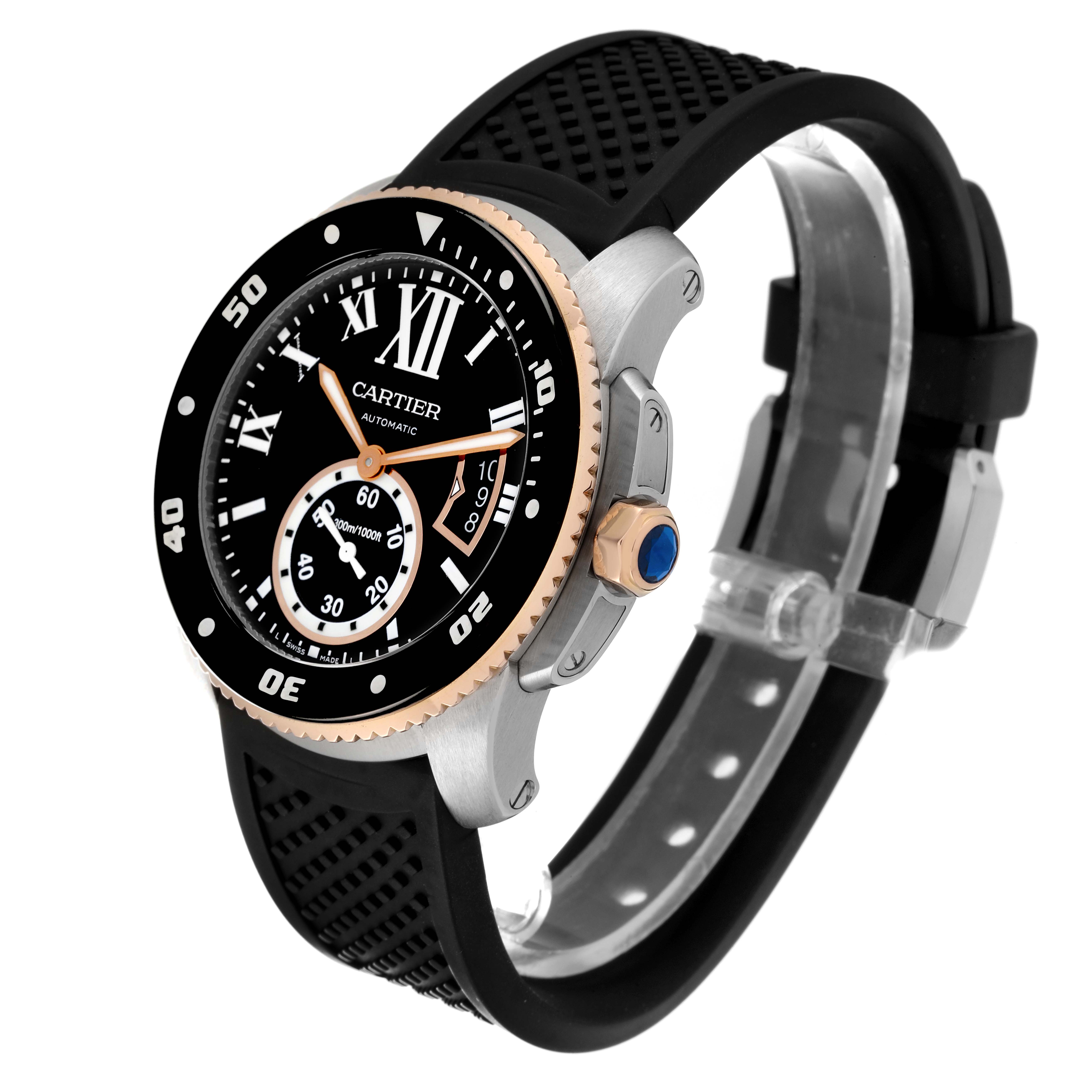 This image displays a Calibre de Cartier model by Cartier, showing a side and top view with a black rubber strap and black dial.