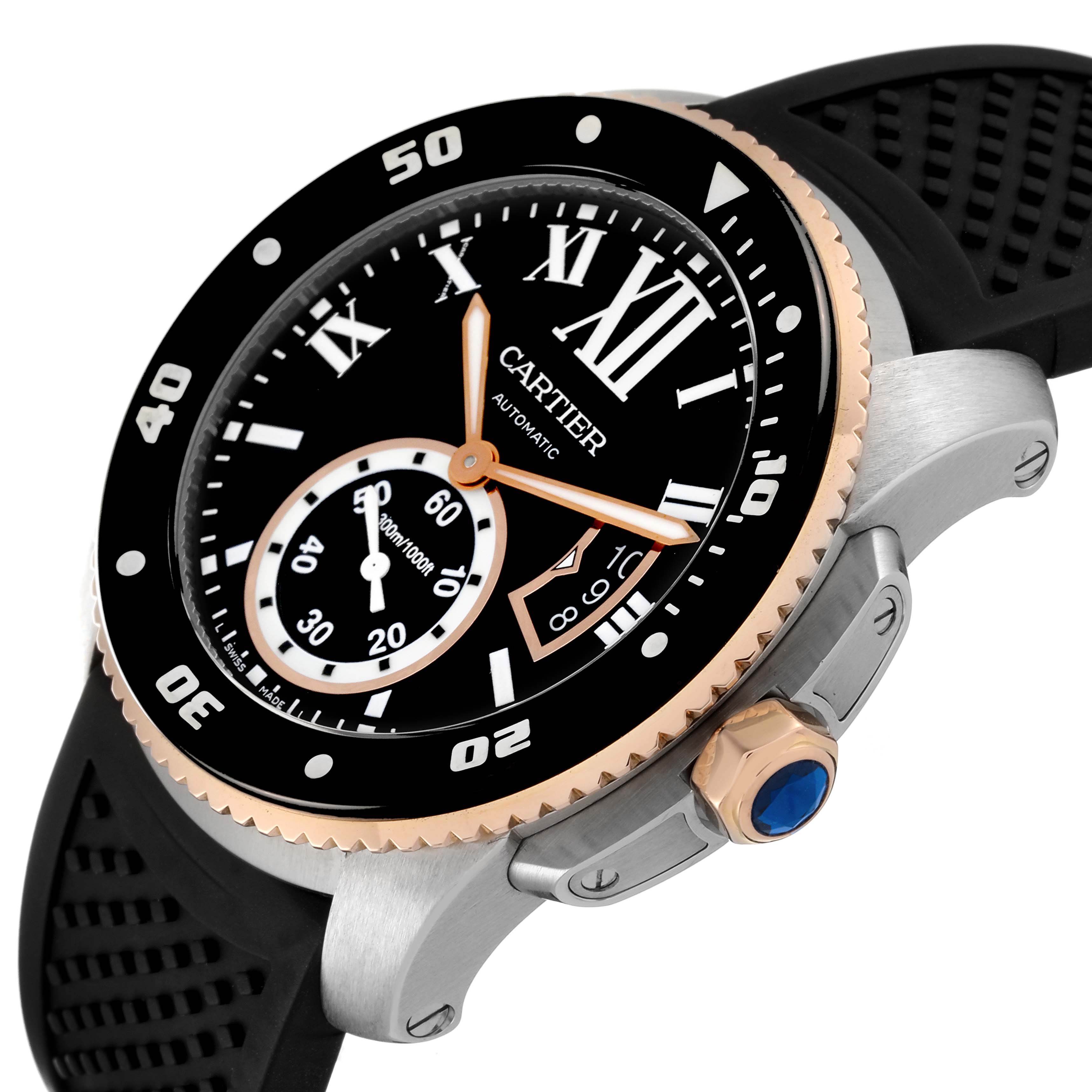 This image shows a close-up angle of the Calibre de Cartier model by Cartier, highlighting the watch face, bezel, and crown.