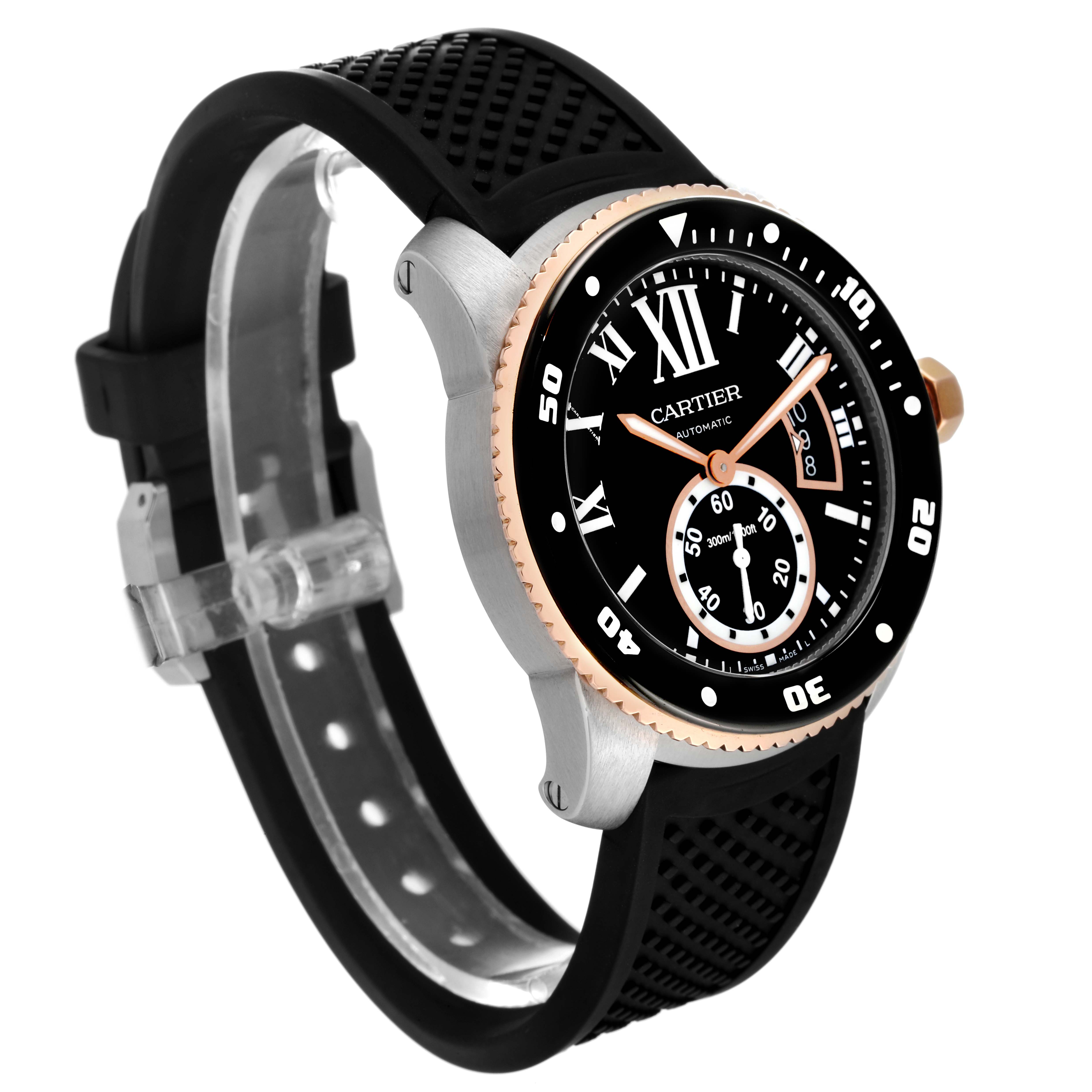 The image shows a Calibre de Cartier watch by Cartier at a three-quarter angle, highlighting the face, bezel, and strap.