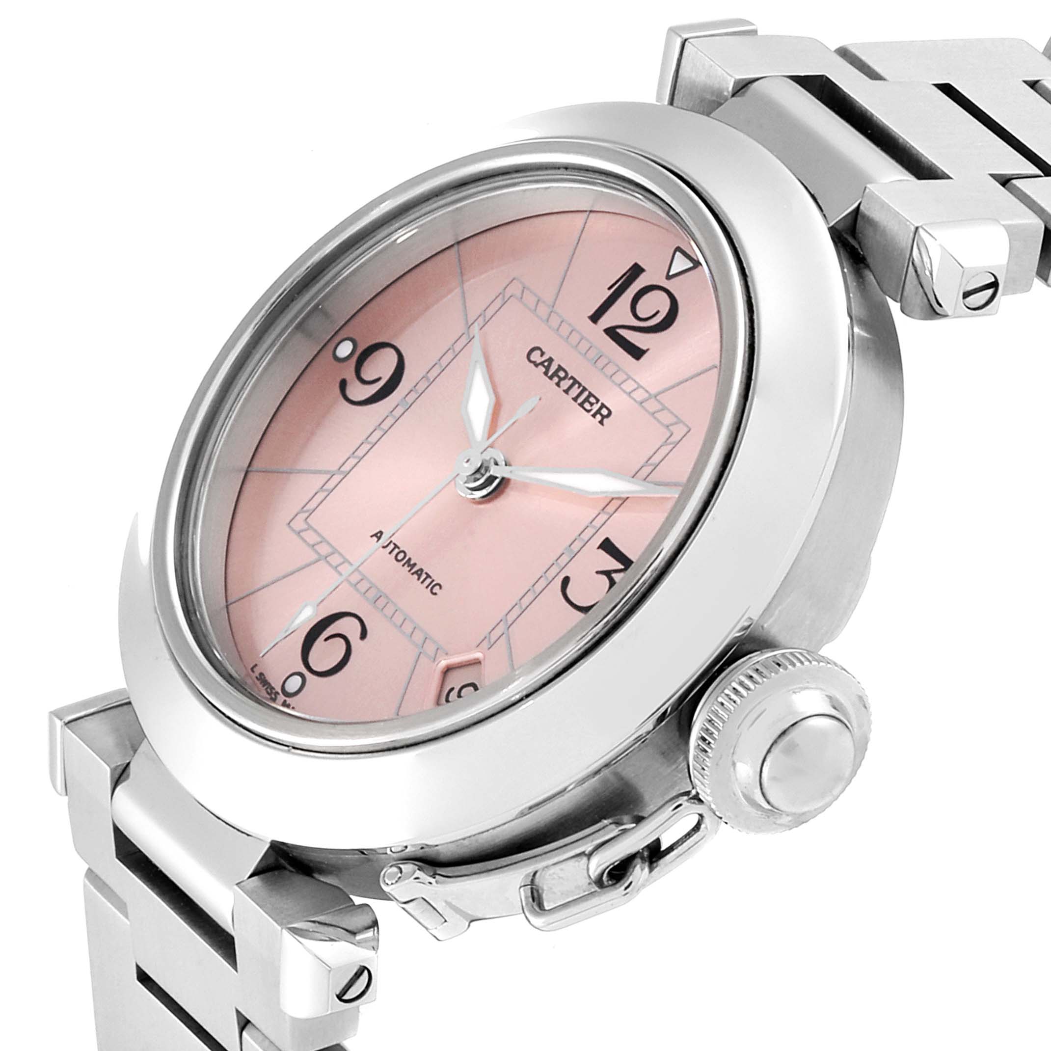 This image shows a close-up angle of the dial, bezel, crown, and part of the bracelet of the Cartier Pasha W31075M7 Women's Stainless Steel Pink Dial W31075M7 Women's Stainless Steel Pink Dial watch.