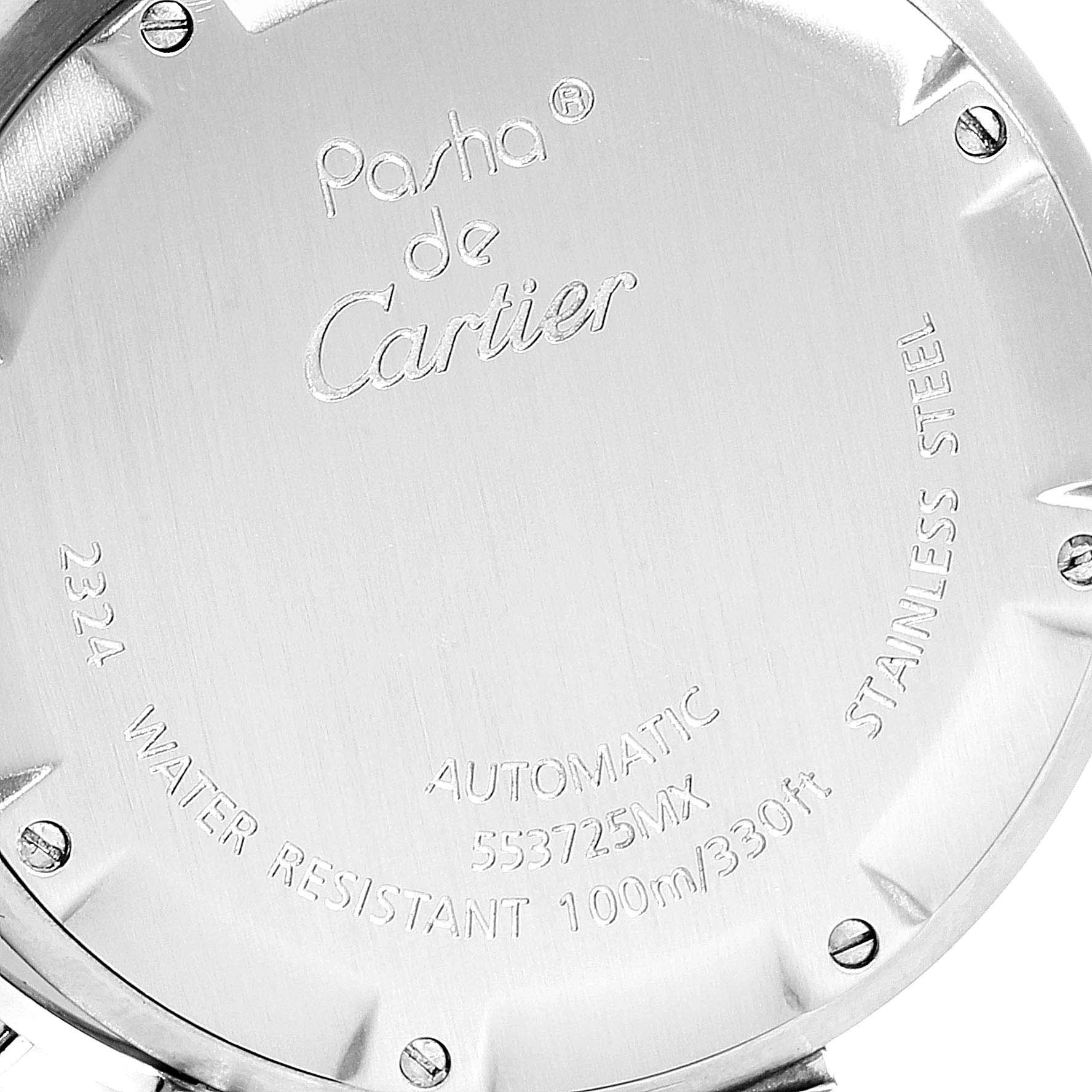 This image shows the back case of the Pasha de Cartier watch, displaying inscriptions about the model details and specifications.