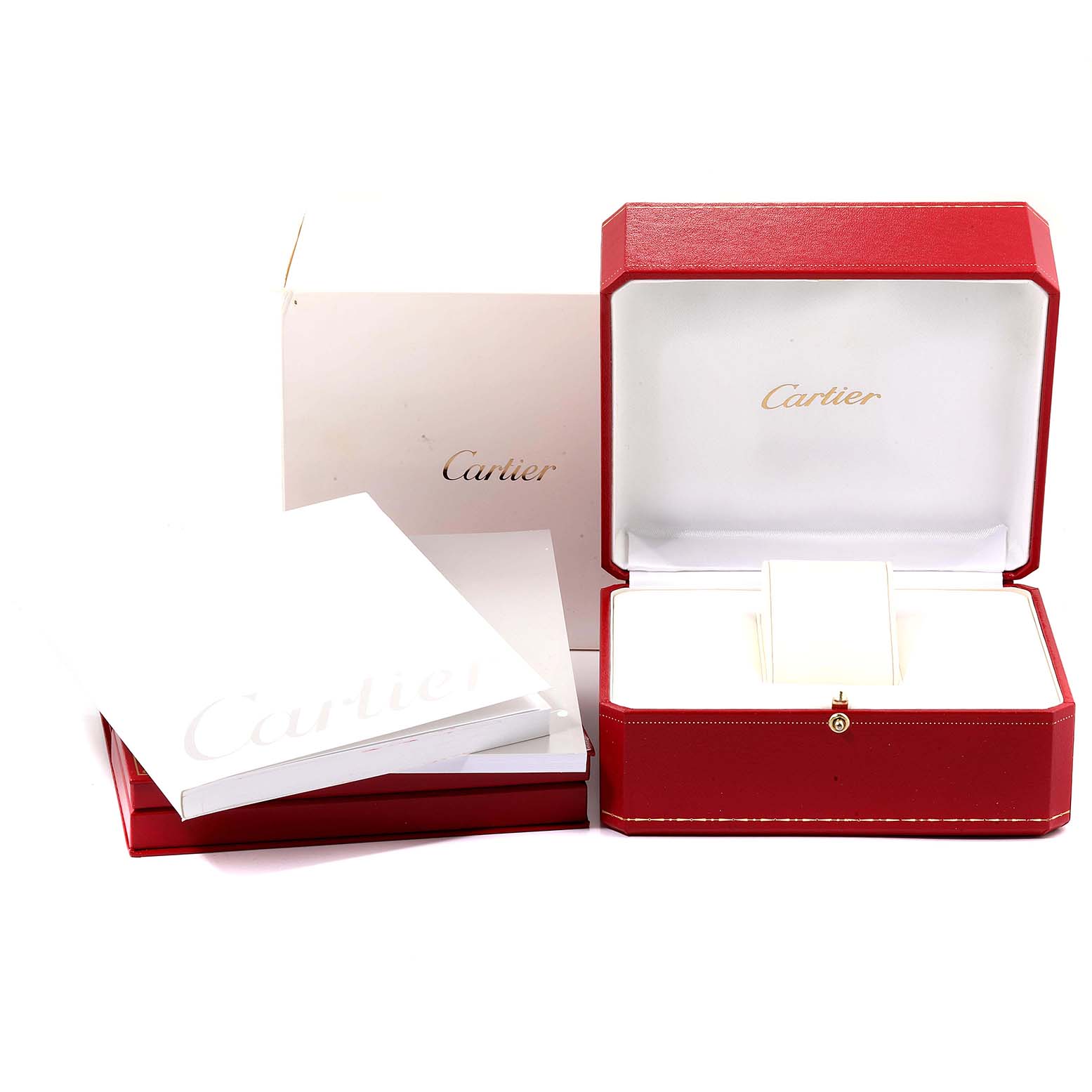 This image shows the box, inner packaging, and documentation for a Cartier Pasha W31075M7 Women's Stainless Steel Pink Dial W31075M7 Women's Stainless Steel Pink Dial model watch.