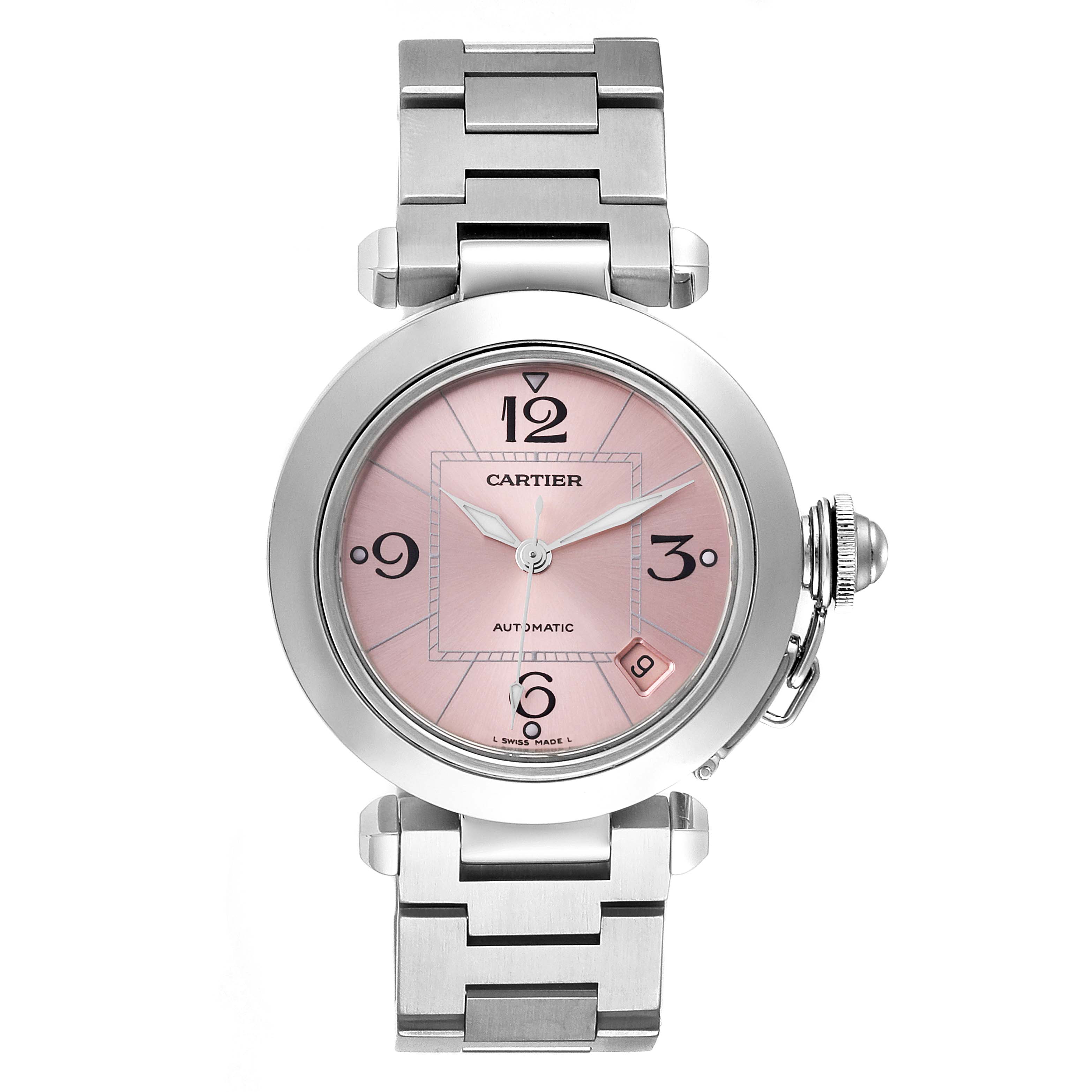 The image shows a front view of the Cartier Pasha W31075M7 Women's Stainless Steel Pink Dial W31075M7 Women's Stainless Steel Pink Dial watch, displaying its face, bezel, bracelet, and crown.