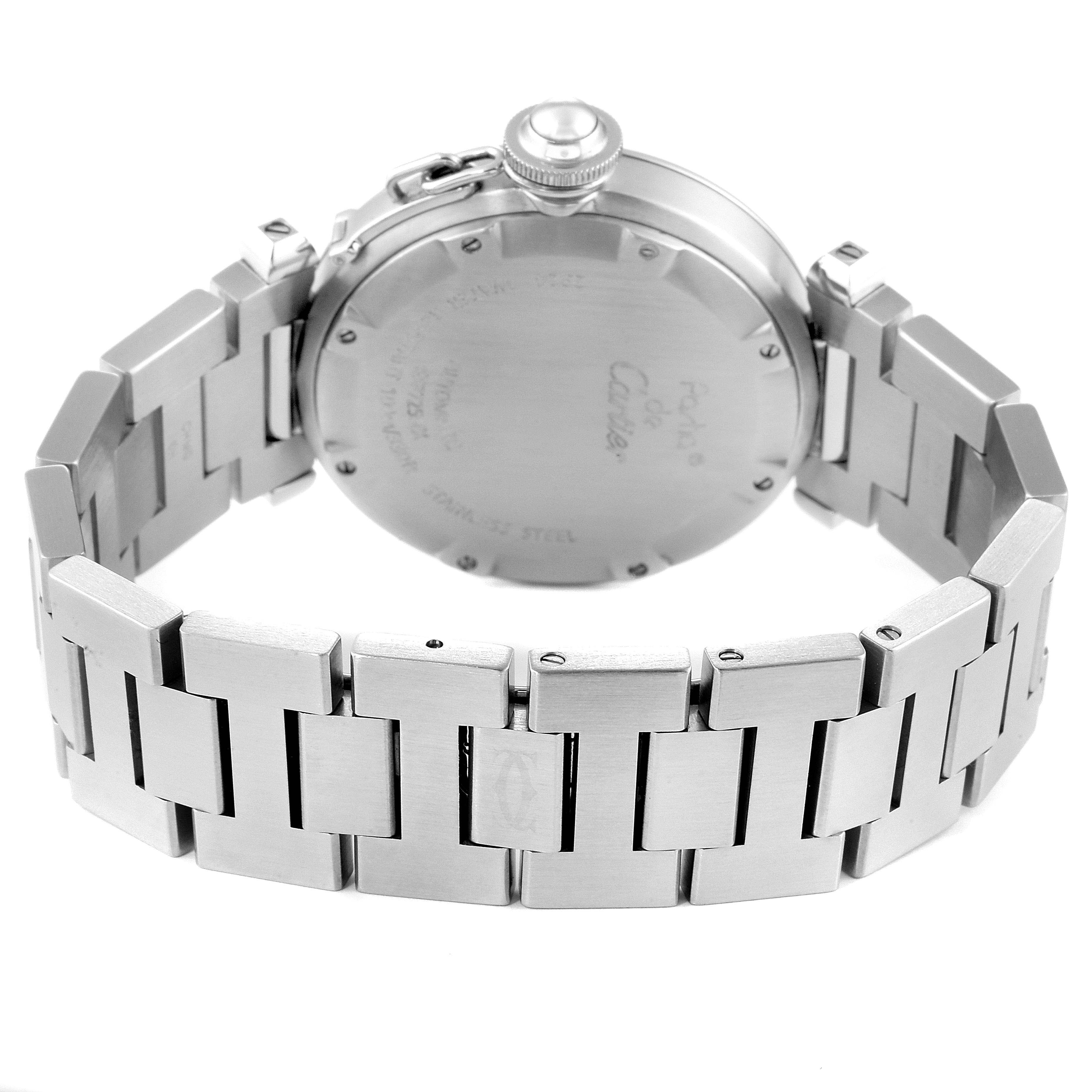 The image shows the back case and bracelet of a Cartier Pasha W31075M7 Women's Stainless Steel Pink Dial W31075M7 Women's Stainless Steel Pink Dial watch from a rear angle.