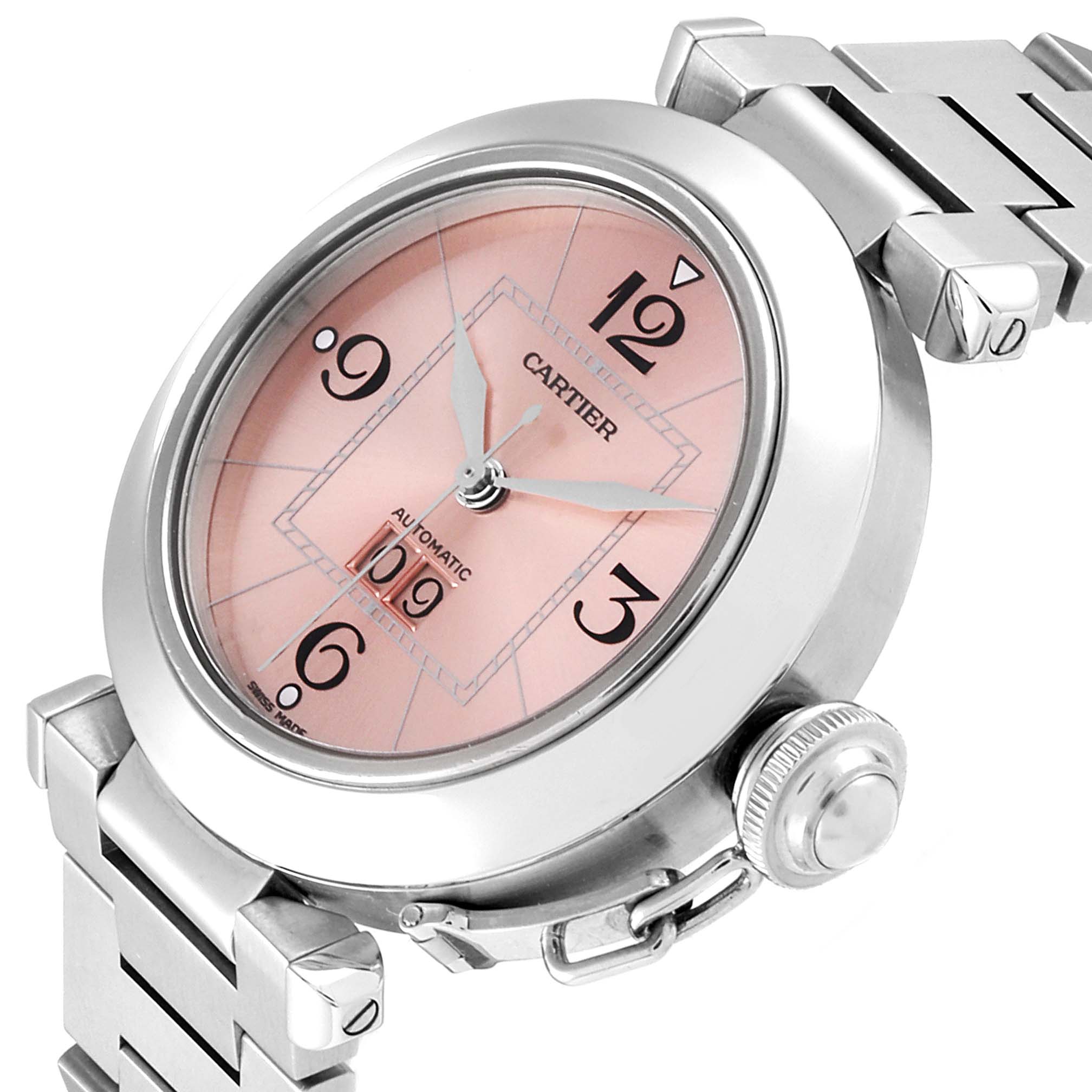 This image shows a Cartier Pasha W31058M7  Women's Stainless Steel Pink Dial W31058M7  Women's Stainless Steel Pink Dial watch from a front-side angle, highlighting its face, crown, and part of the metal bracelet.