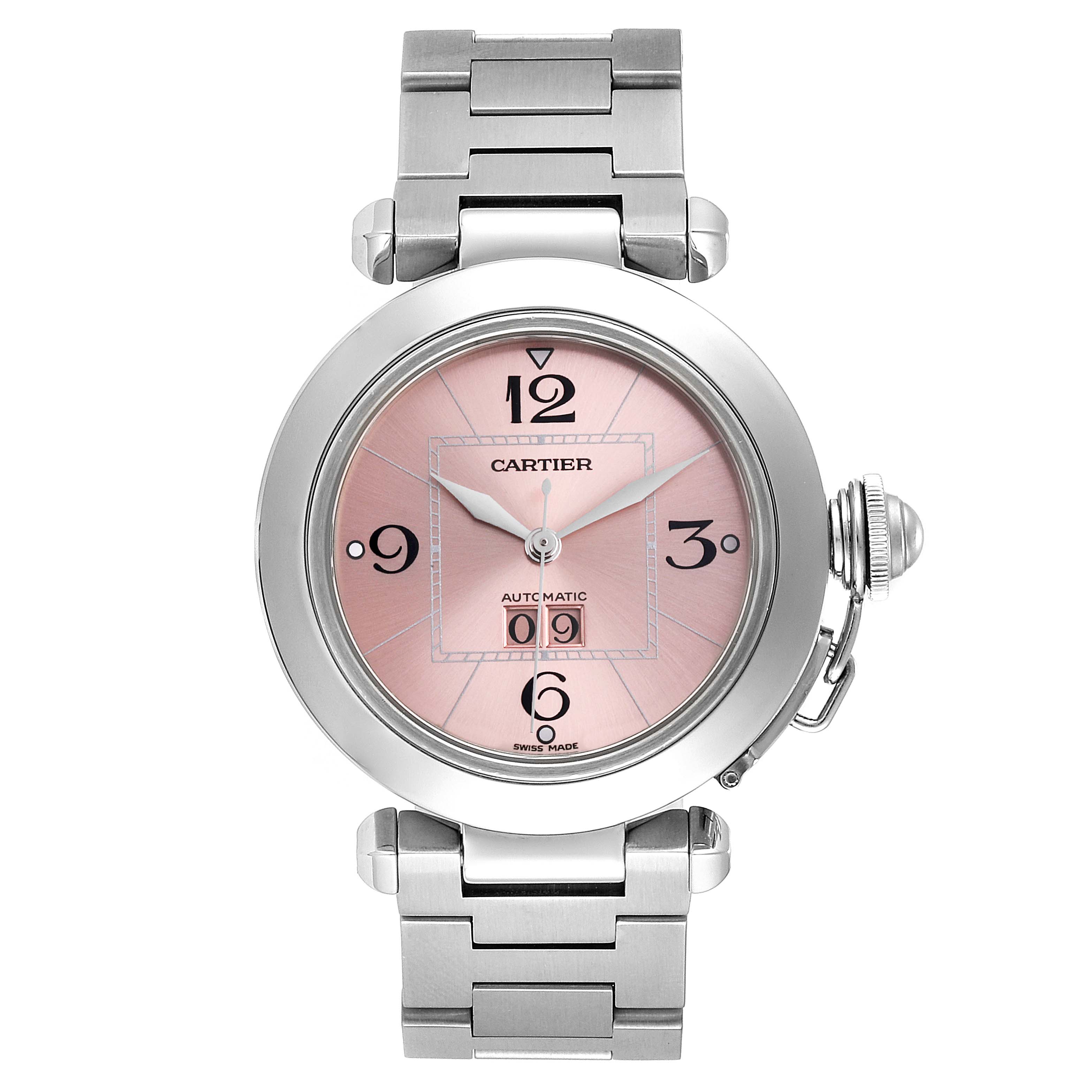 This image shows a front view of the Cartier Pasha W31058M7  Women's Stainless Steel Pink Dial W31058M7  Women's Stainless Steel Pink Dial watch, displaying its pink dial, silver hands, and stainless steel bracelet.