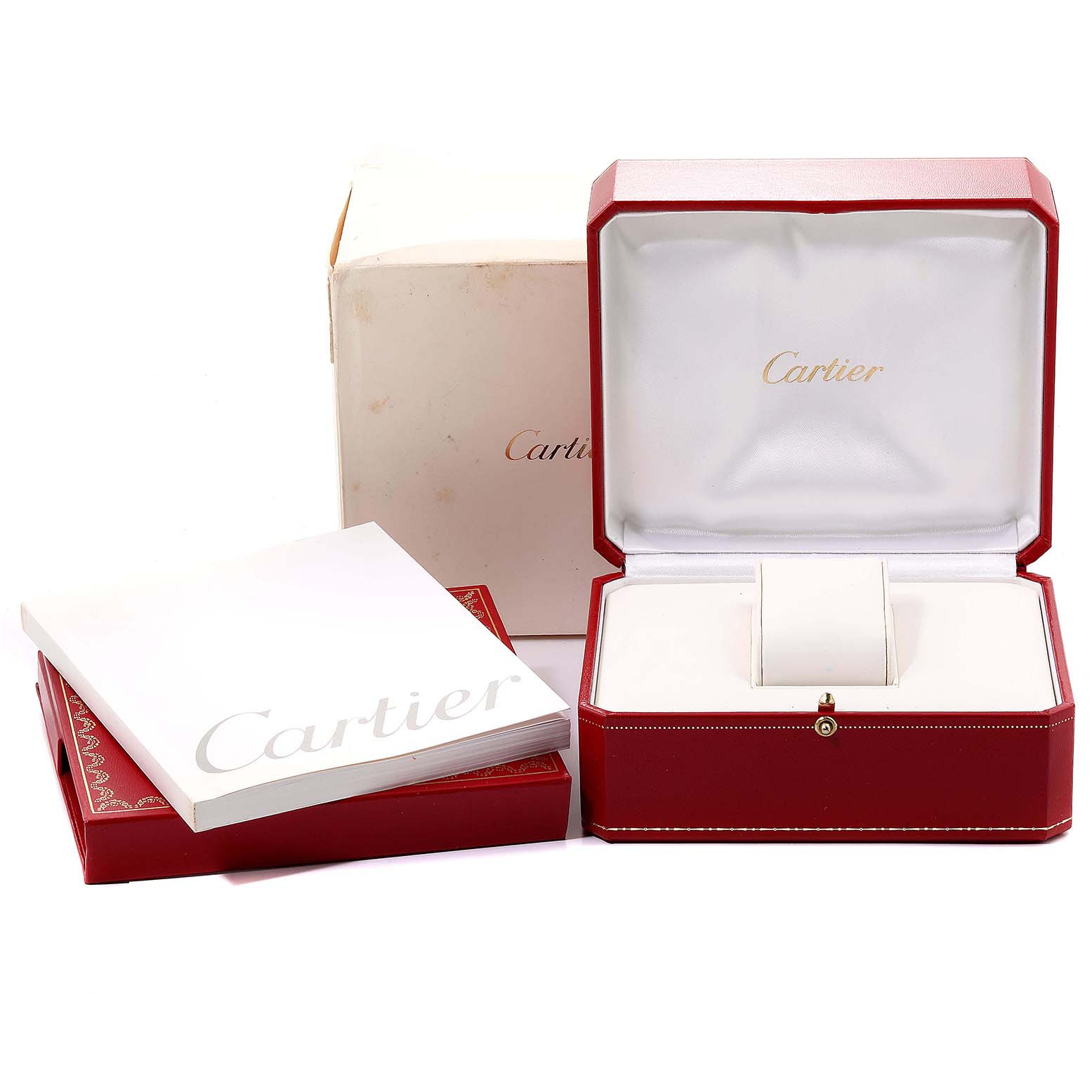 The image shows an open red Cartier box for the Pasha model watch, along with a white booklet and an outer cardboard box.