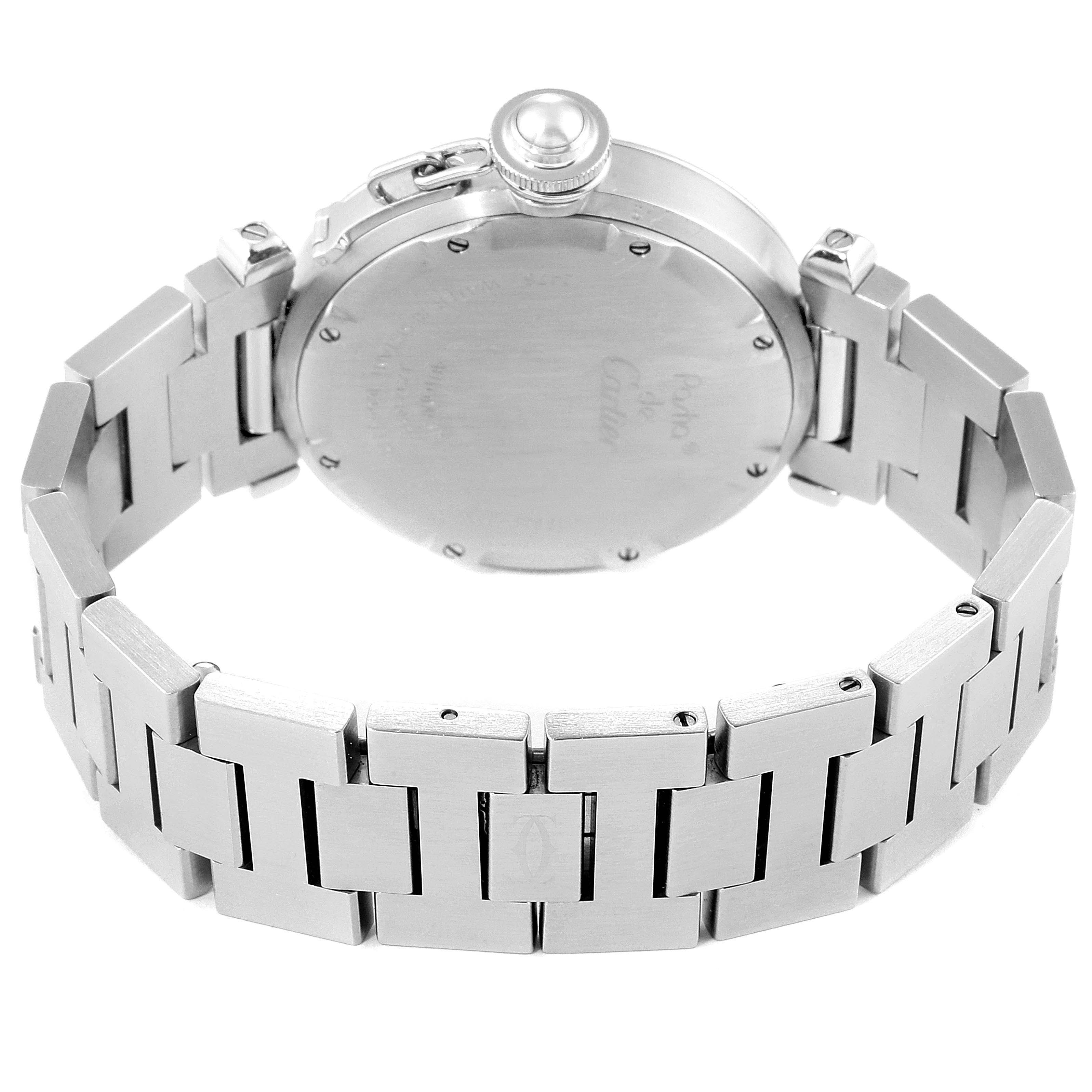 The image shows the back case and bracelet of a Cartier Pasha W31058M7  Women's Stainless Steel Pink Dial W31058M7  Women's Stainless Steel Pink Dial watch from a rear angle.