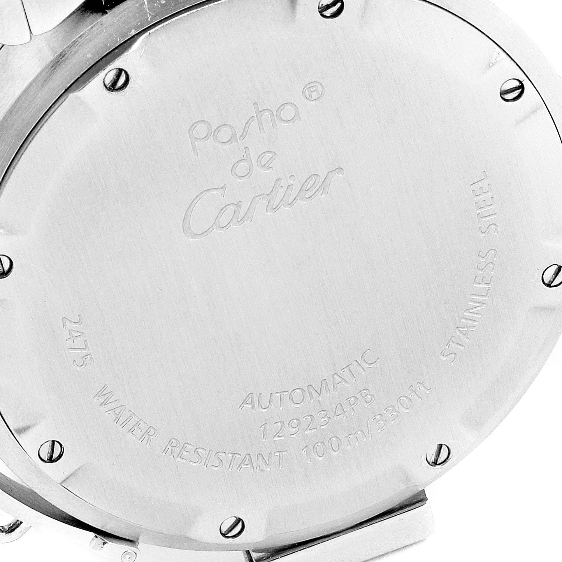 This image shows the back case of a Cartier Pasha W31058M7  Women's Stainless Steel Pink Dial W31058M7  Women's Stainless Steel Pink Dial watch, including details about water resistance and material.