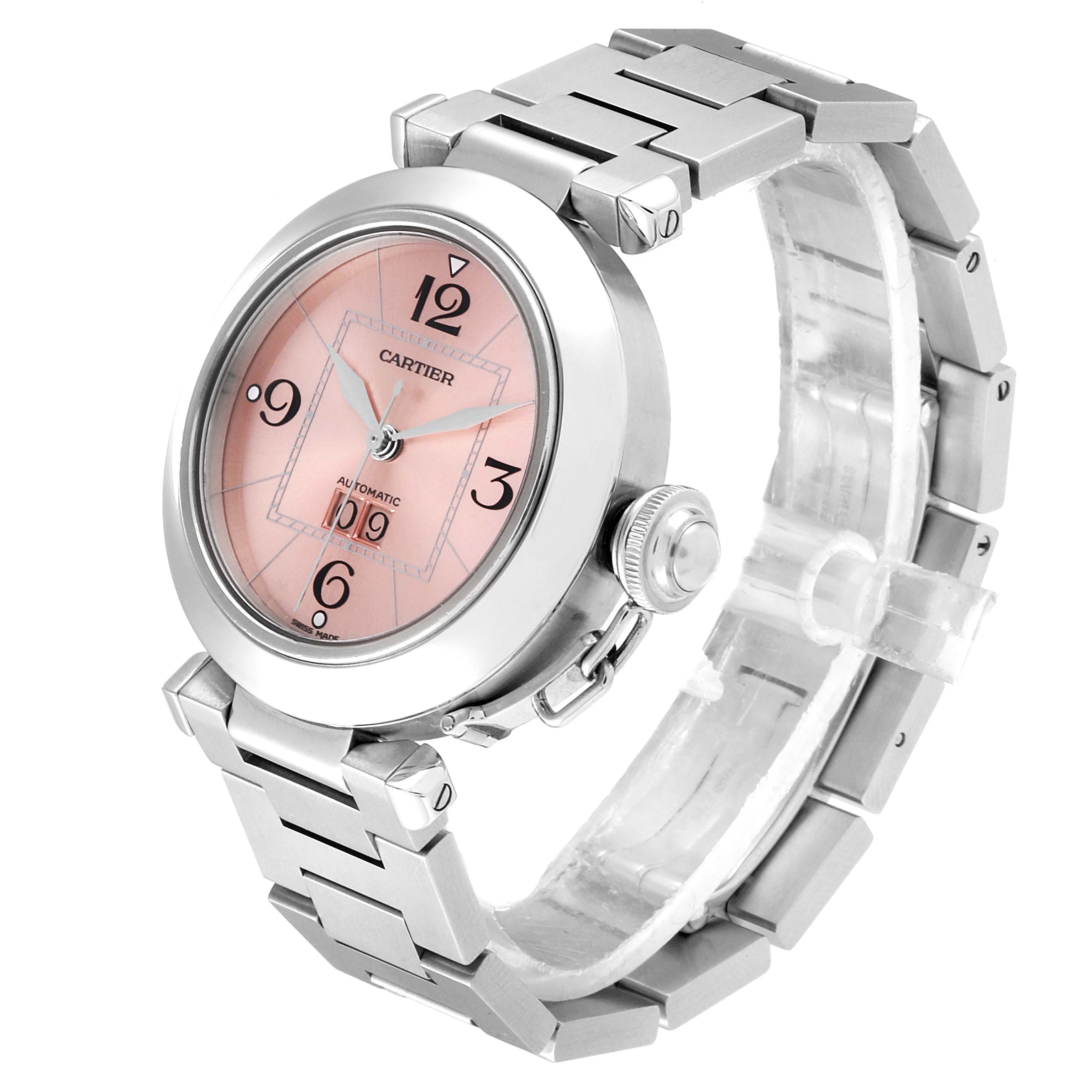 The Cartier Pasha W31058M7  Women's Stainless Steel Pink Dial W31058M7  Women's Stainless Steel Pink Dial watch is shown at a slight angle, highlighting its face, bracelet, and crown.