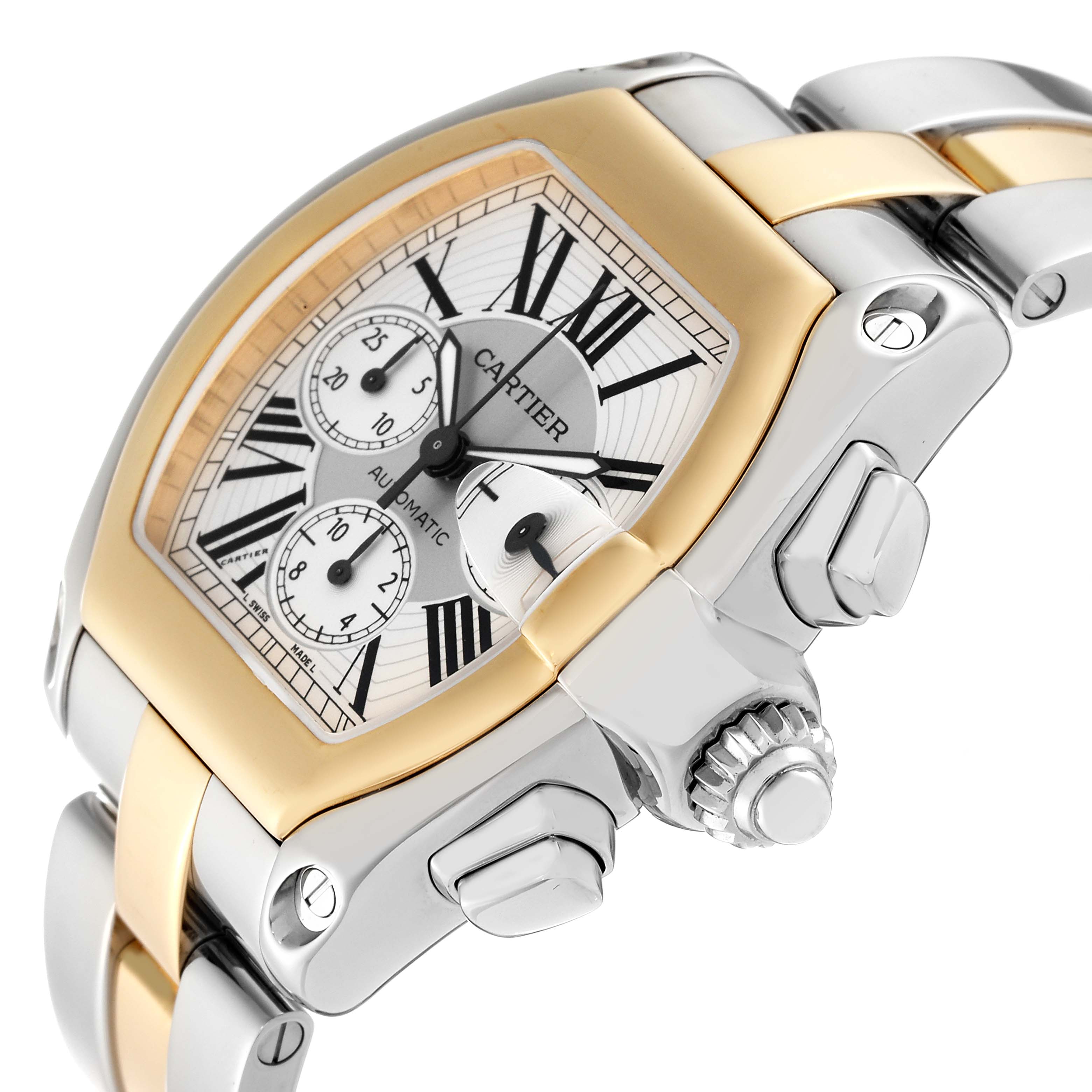 This image shows a close-up angled view of the Cartier Roadster W62027Z1 Men's Steel and Gold (two tone) Silver Dial W62027Z1 Men's Steel and Gold (two tone) Silver Dial watch, focusing on the dial, crown, and part of the bracelet.