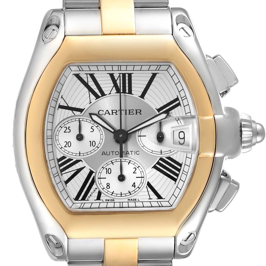 The image shows a front view of the Cartier Roadster watch displaying the dial, crown, indices, and part of the bracelet.