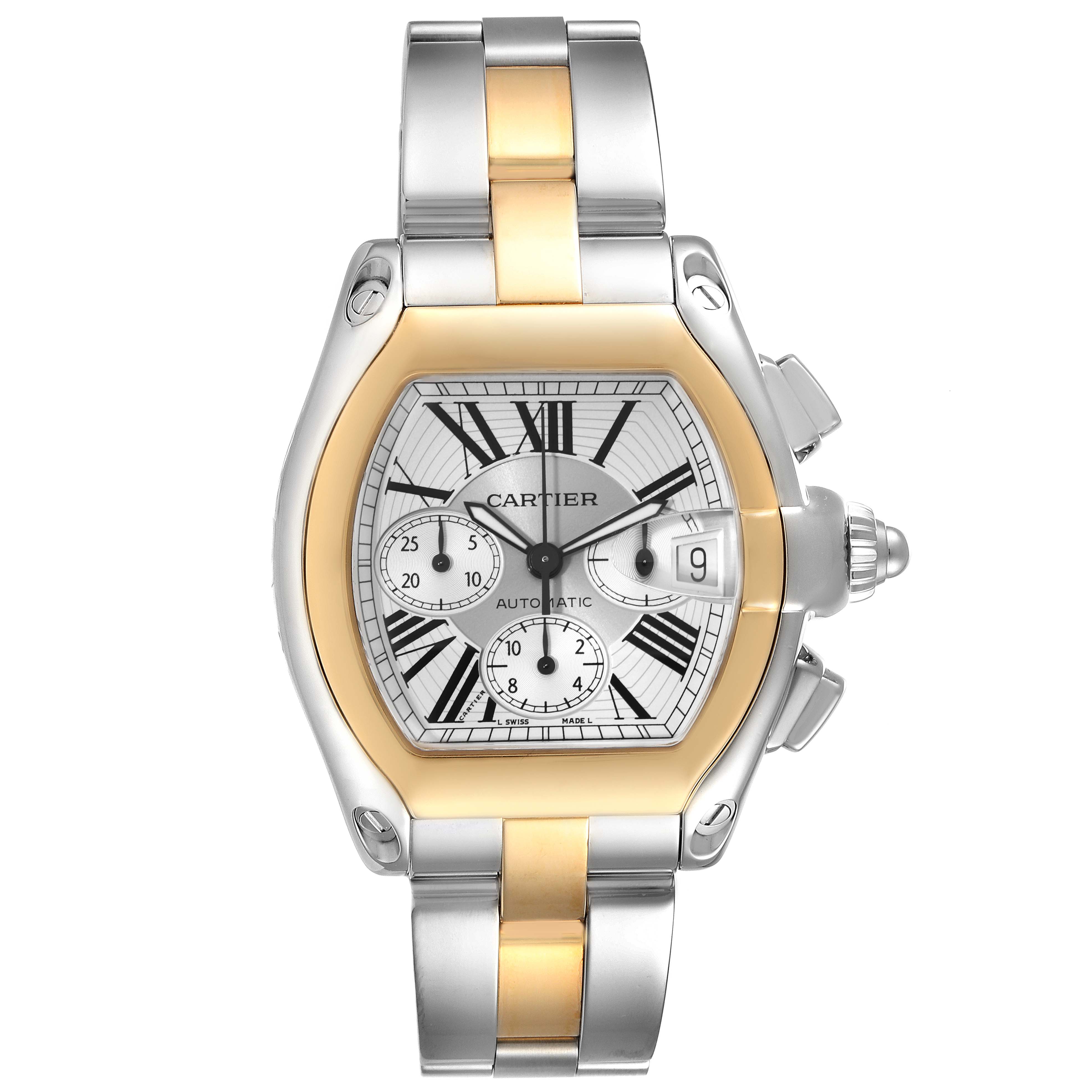 The image shows a front view of the Cartier Roadster W62027Z1 Men's Steel and Gold (two tone) Silver Dial W62027Z1 Men's Steel and Gold (two tone) Silver Dial watch, displaying the dial, case, and bracelet.