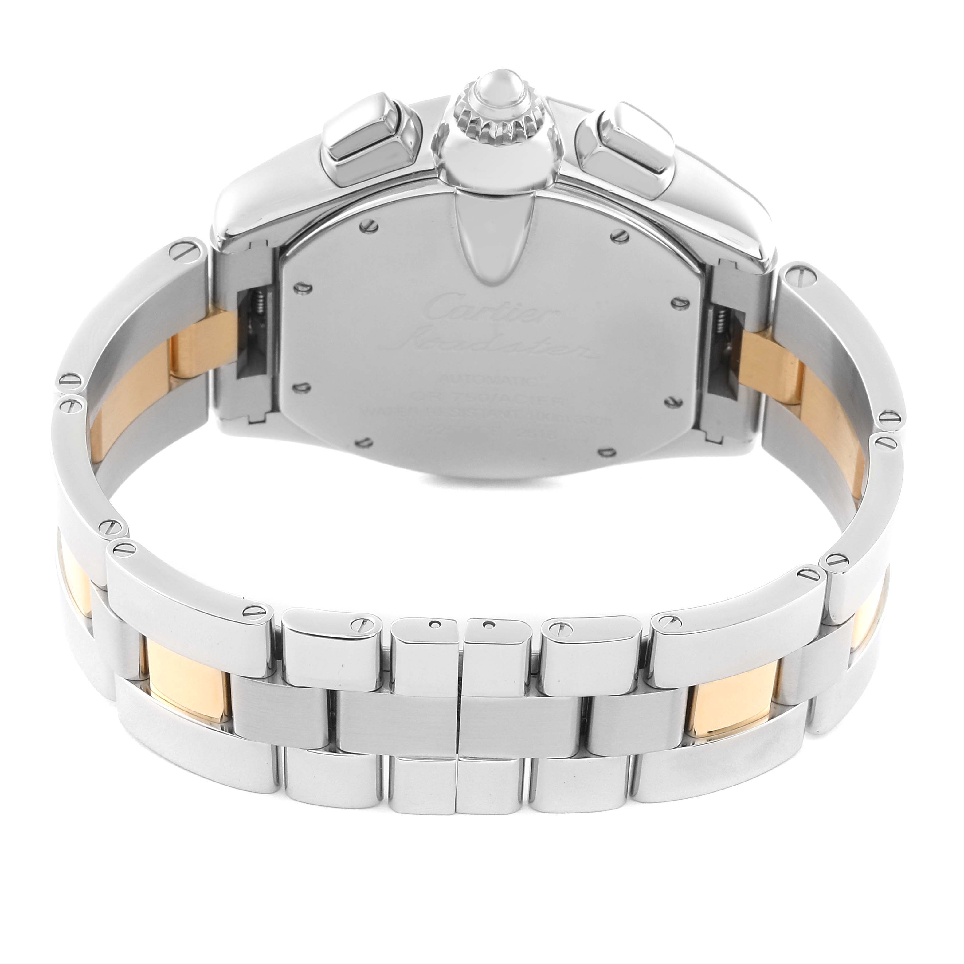 This image shows the back view of a Cartier Roadster W62027Z1 Men's Steel and Gold (two tone) Silver Dial W62027Z1 Men's Steel and Gold (two tone) Silver Dial watch, highlighting the clasp and metal bracelet.