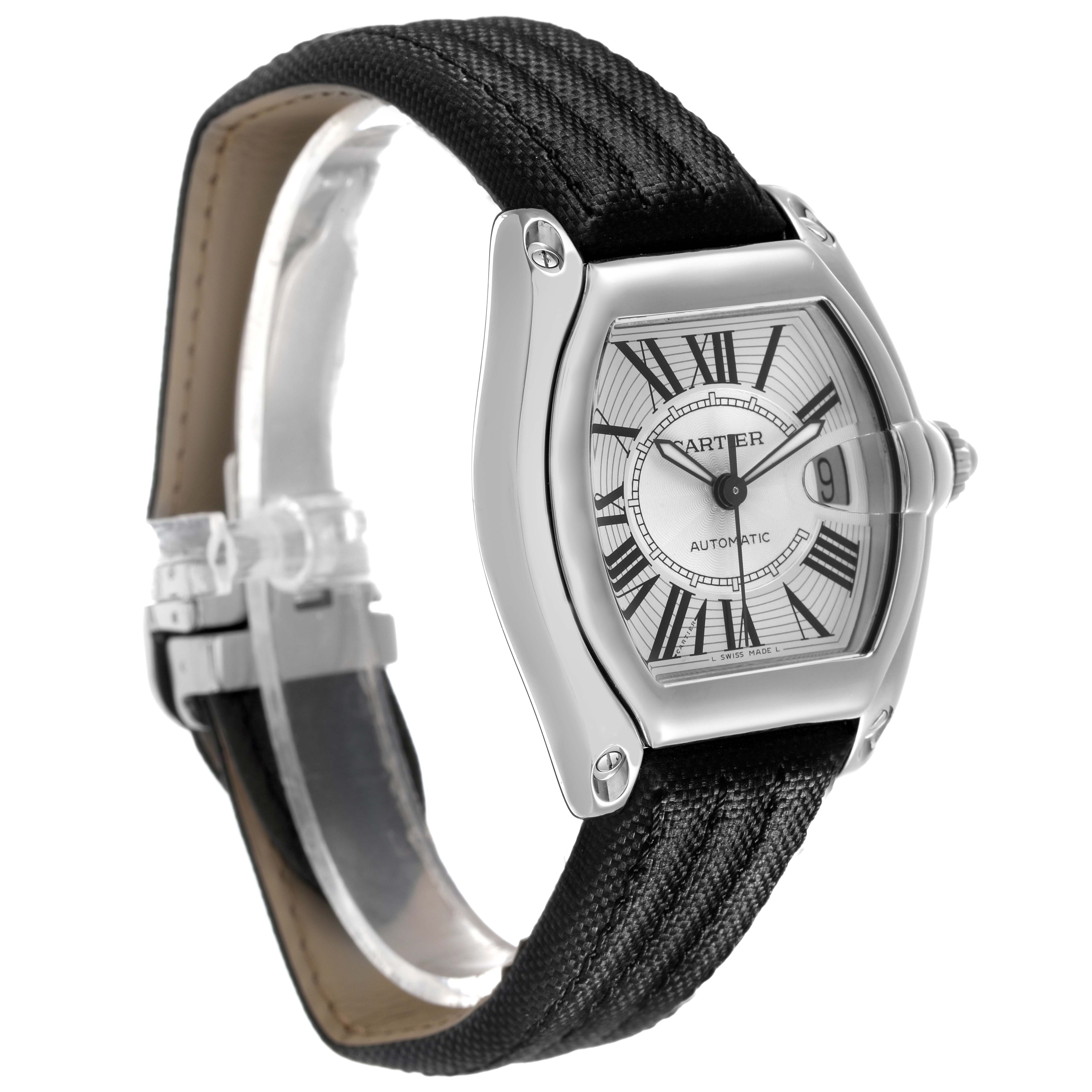 The Cartier Roadster W62025V3 Men's Stainless Steel Silver Dial watch is shown at a slight angle, featuring its face, Roman numerals, date magnifier, and strap.
