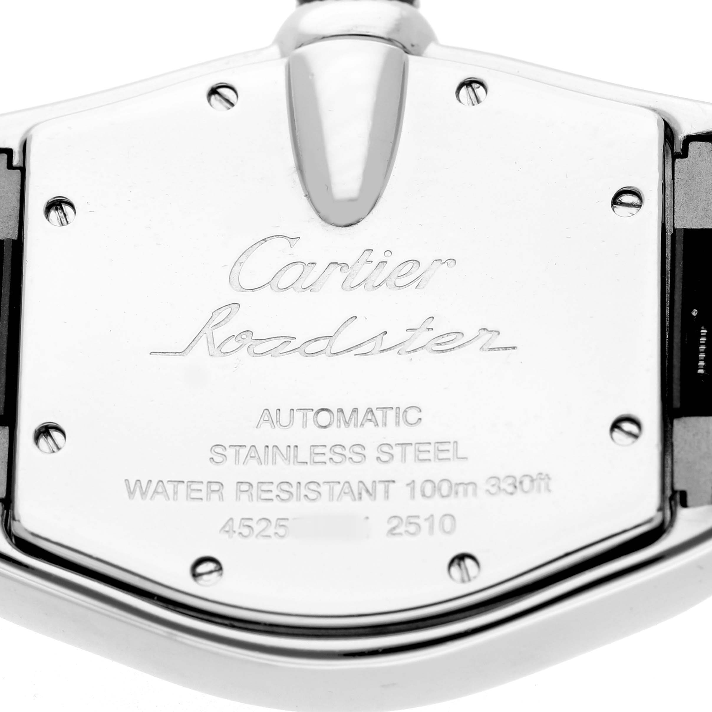The image shows the back of a Cartier Roadster W62025V3 Men's Stainless Steel Silver Dial watch, displaying its engravings.