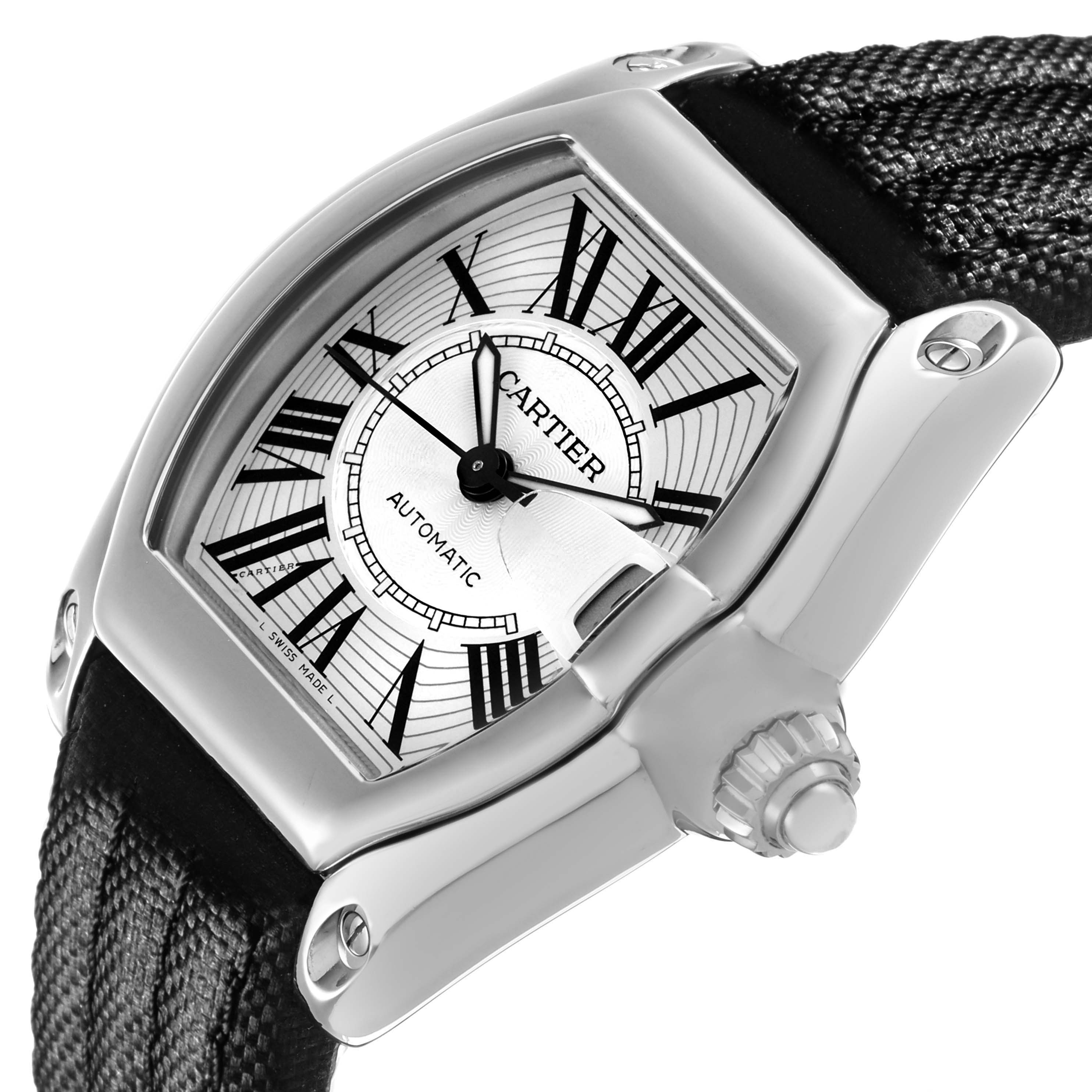 The Cartier Roadster W62025V3 Men's Stainless Steel Silver Dial watch is shown from a side angle highlighting the dial, crown, and part of the strap.