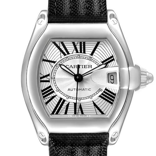The Cartier Roadster W62025V3 Men's Stainless Steel Silver Dial watch is shown from the front, displaying its dial, Roman numerals, hands, date window, and crown.
