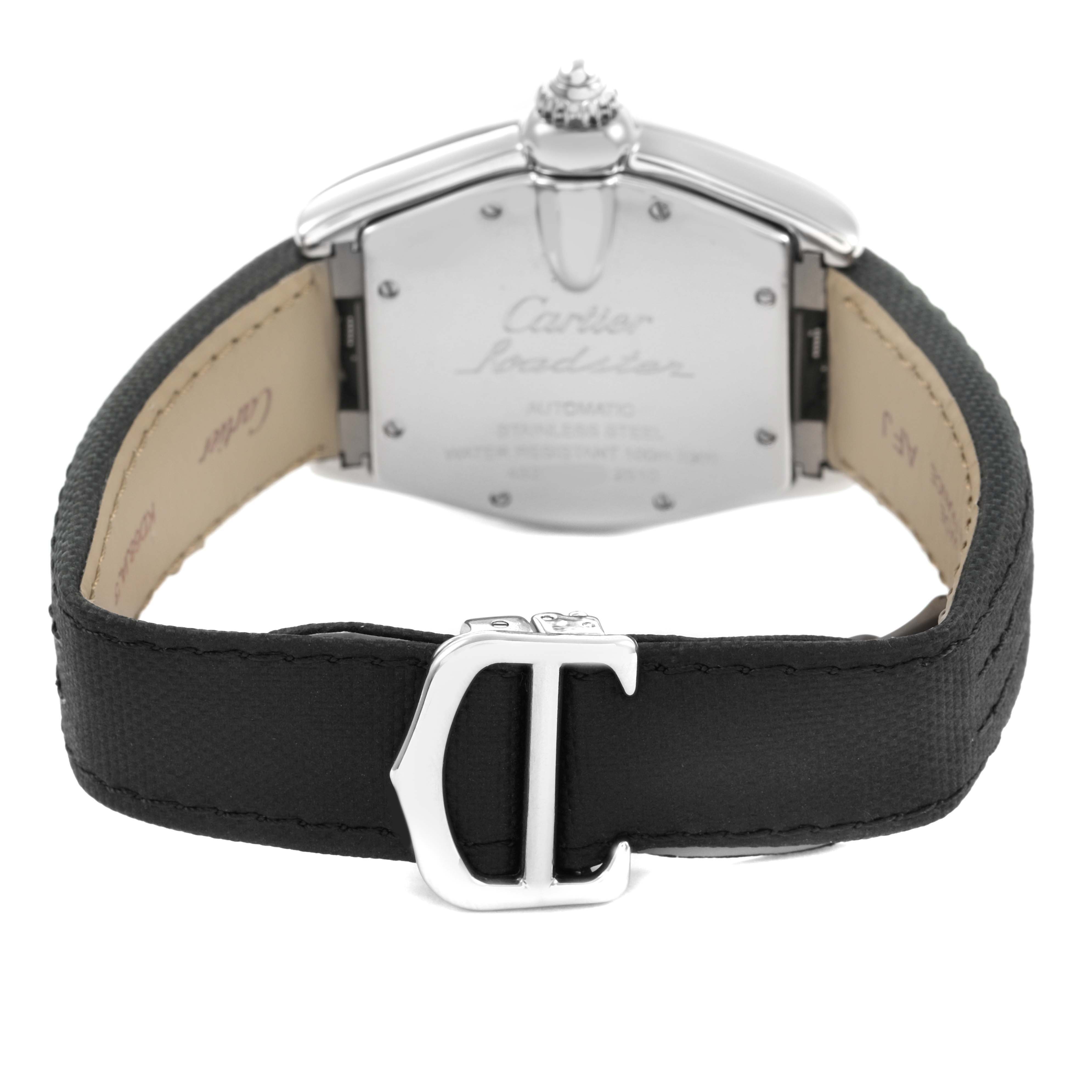 The image shows the back of the Cartier Roadster W62025V3 Men's Stainless Steel Silver Dial watch with the case back, crown, and black strap featuring a "C" clasp.