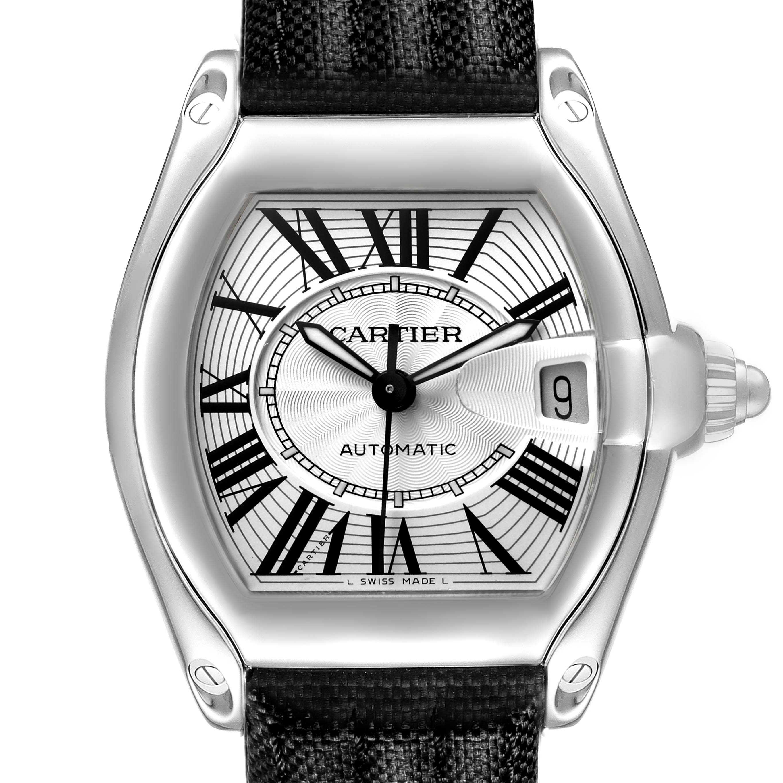 The Cartier Roadster W62025V3 Men's Stainless Steel Silver Dial watch is shown from a top view, highlighting the dial, crown, and strap.