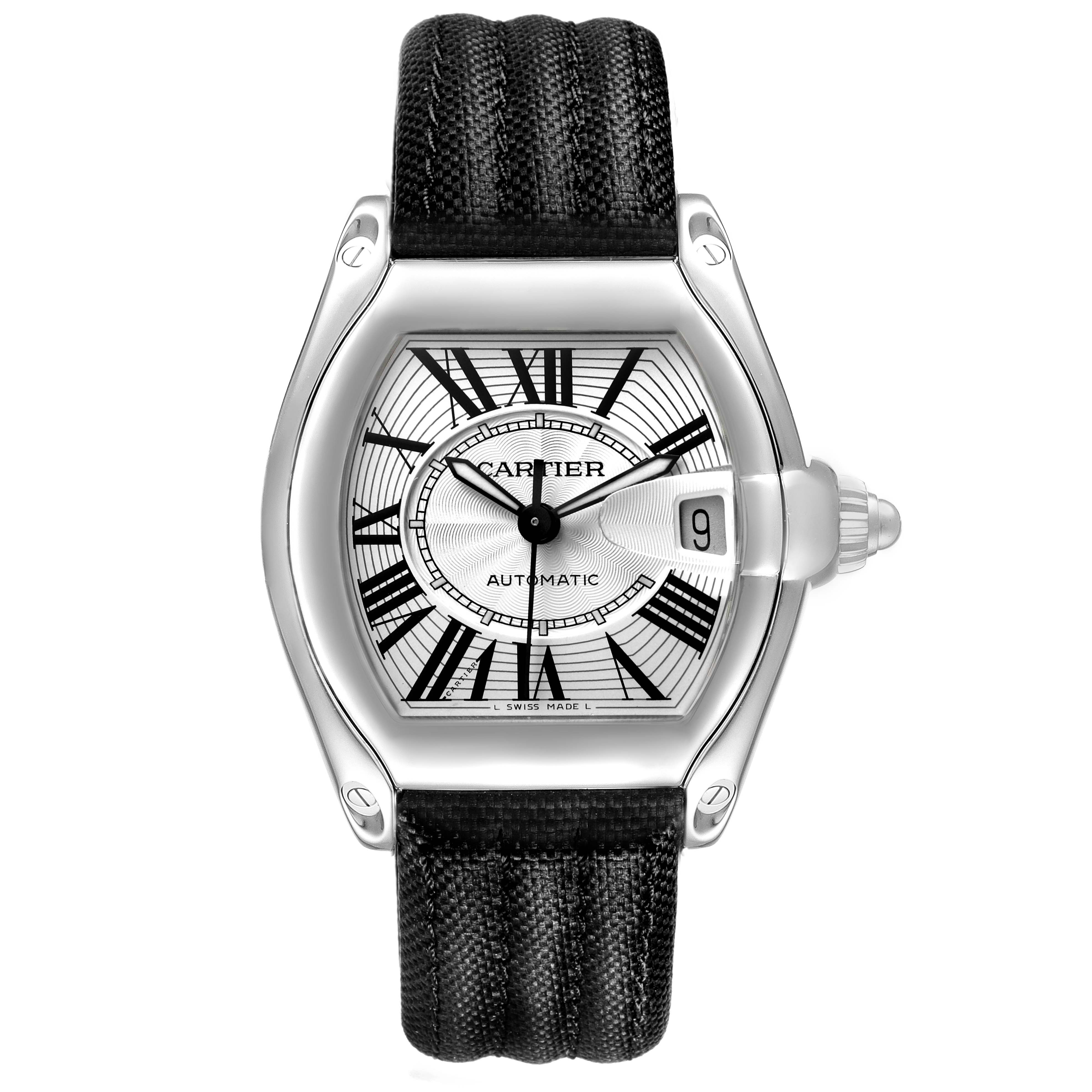The Cartier Roadster W62025V3 Men's Stainless Steel Silver Dial watch is shown from a front view, displaying the face, Roman numerals, hands, date window, and strap.