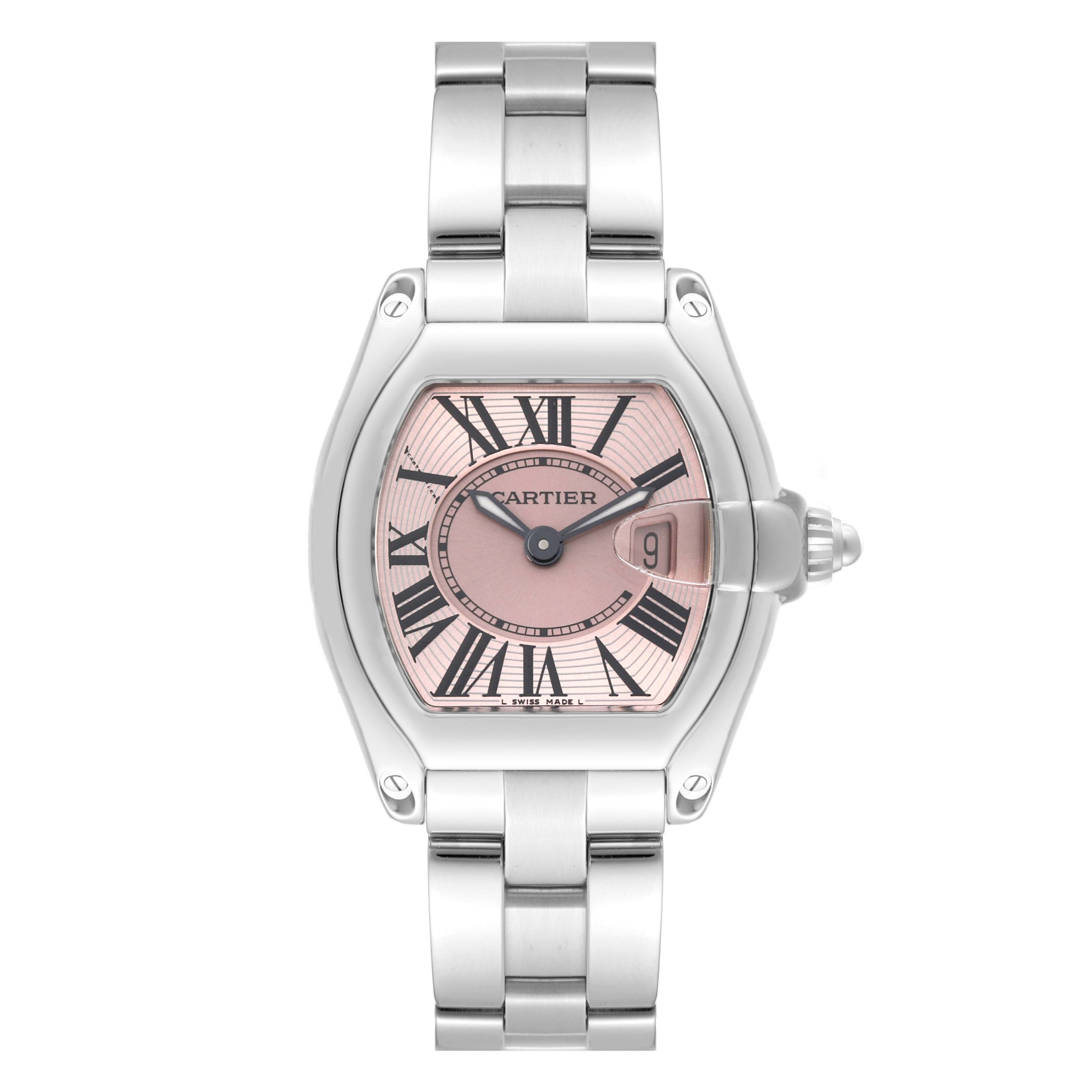 This image shows a frontal view of the Cartier Roadster W62017V3 Women's Stainless Steel Pink Dial W62017V3 Women's Stainless Steel Pink Dial watch, highlighting the dial, bracelet, and crown.