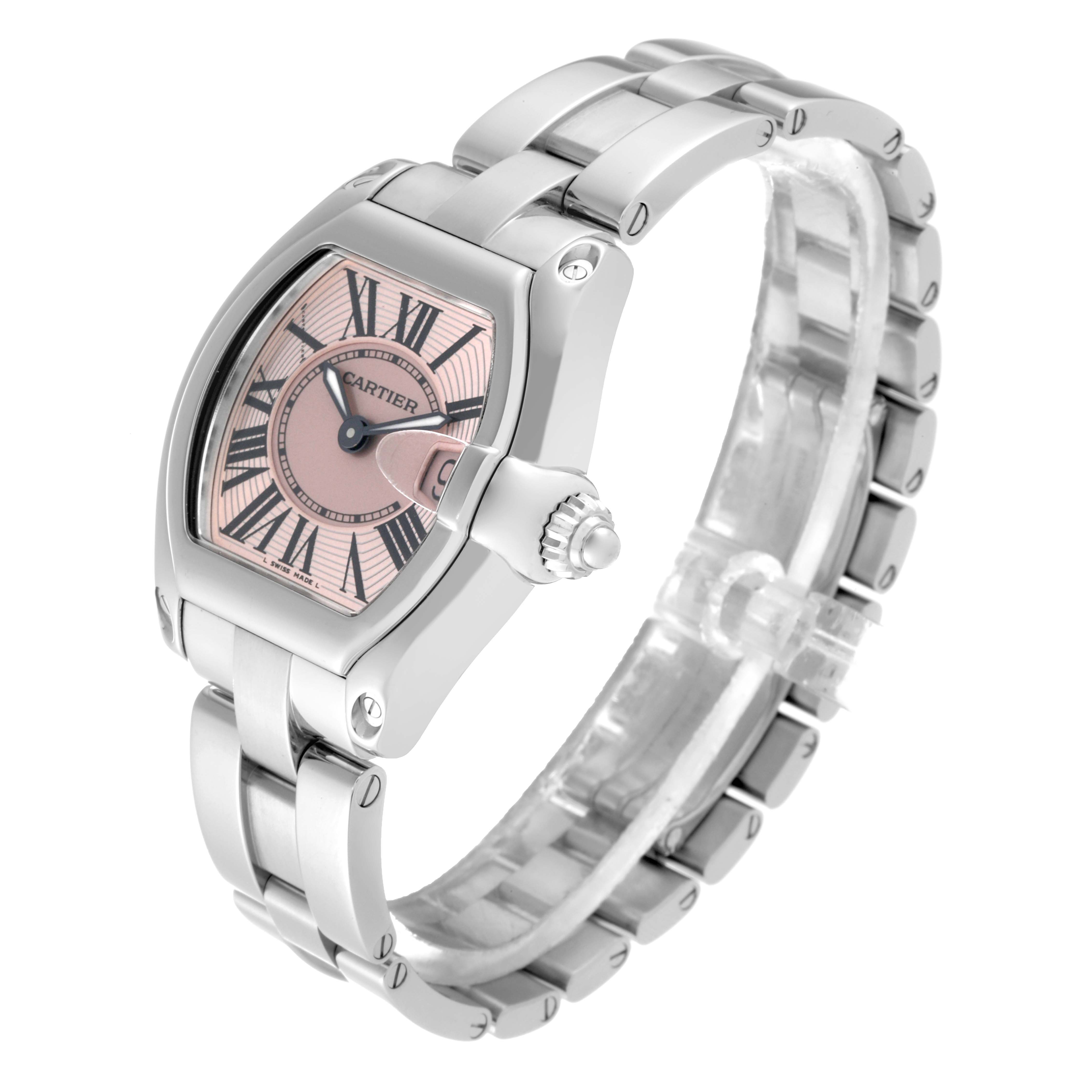 The Cartier Roadster W62017V3 Women's Stainless Steel Pink Dial W62017V3 Women's Stainless Steel Pink Dial model watch is shown at a three-quarter angle, highlighting its bracelet, case, crown, and dial.