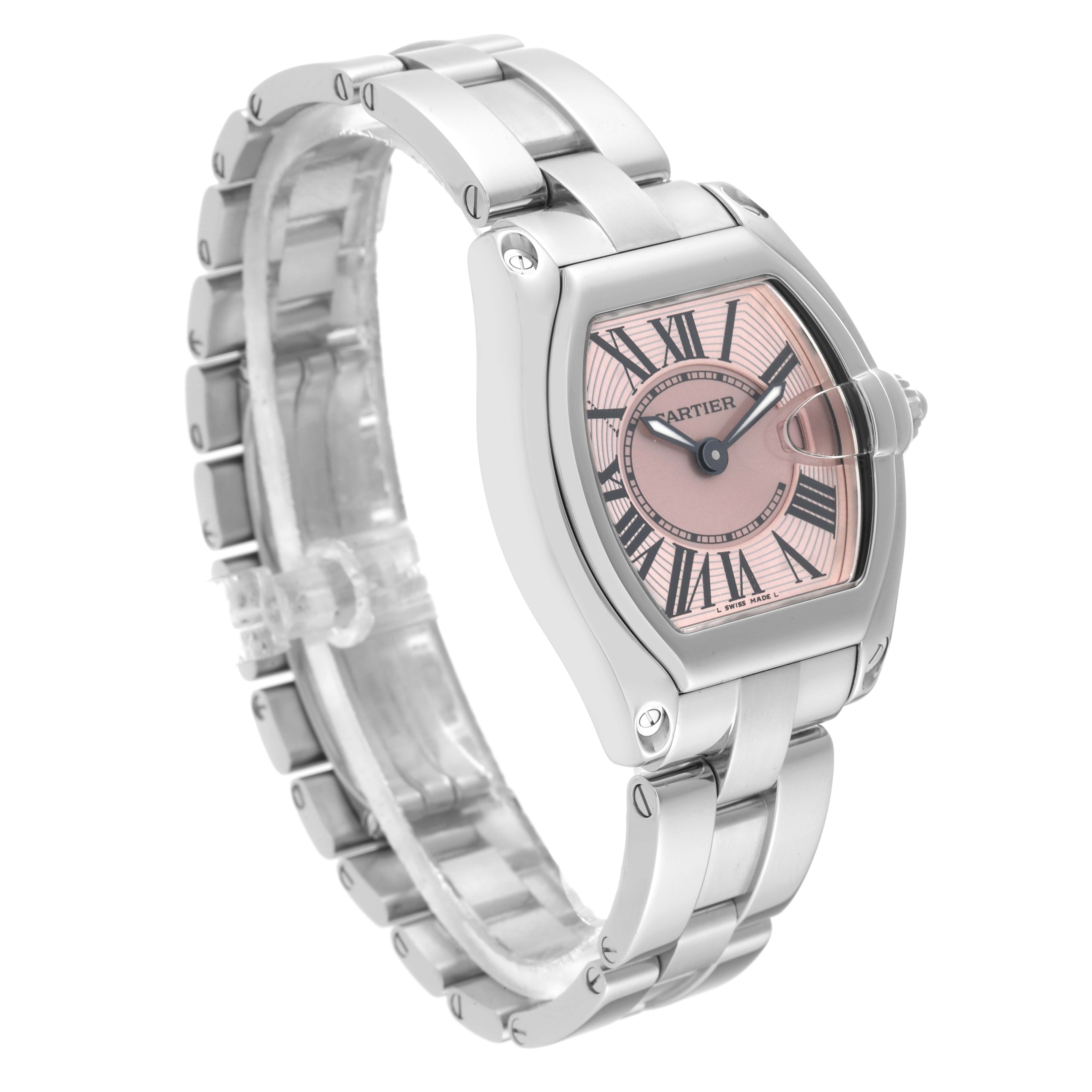 The image shows a front-side angled view of a Cartier Roadster W62017V3 Women's Stainless Steel Pink Dial W62017V3 Women's Stainless Steel Pink Dial watch, highlighting its face, bracelet, and crown details.