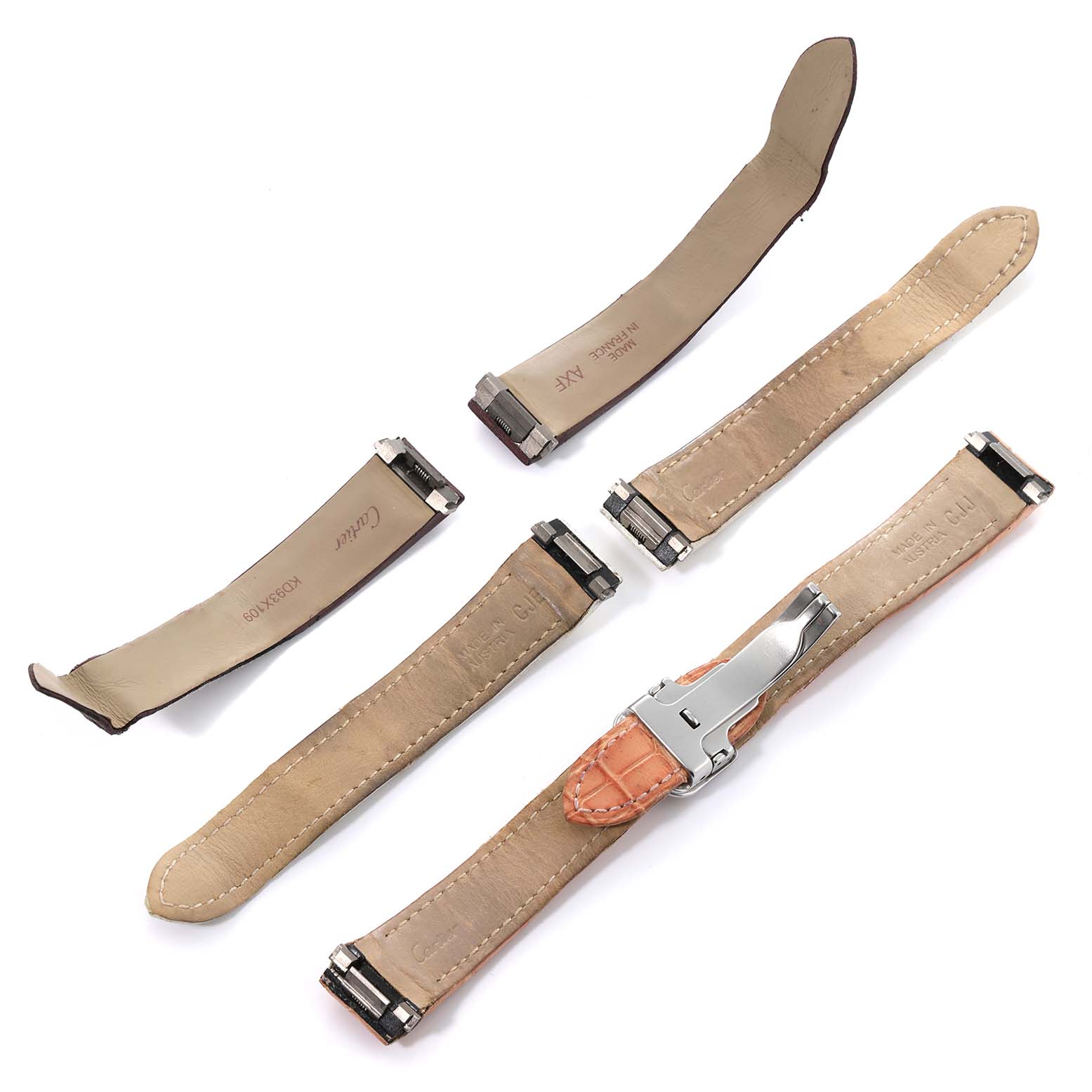 The image shows several leather straps and metal clasps from different angles for the Cartier Roadster W62017V3 Women's Stainless Steel Pink Dial W62017V3 Women's Stainless Steel Pink Dial model watch.