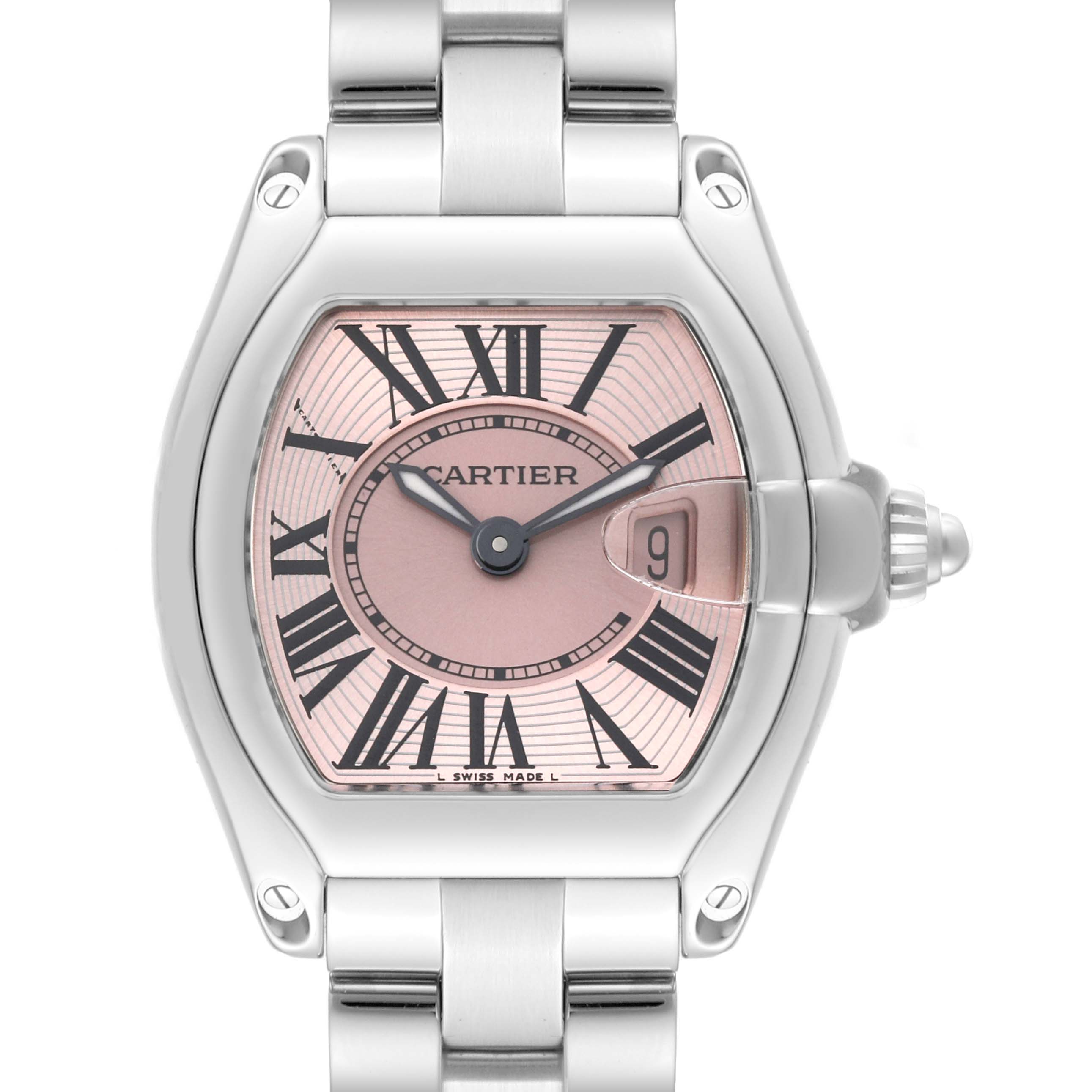 The image shows a front view of the Cartier Roadster W62017V3 Women's Stainless Steel Pink Dial W62017V3 Women's Stainless Steel Pink Dial watch, highlighting its pink dial with Roman numerals and metal bracelet.