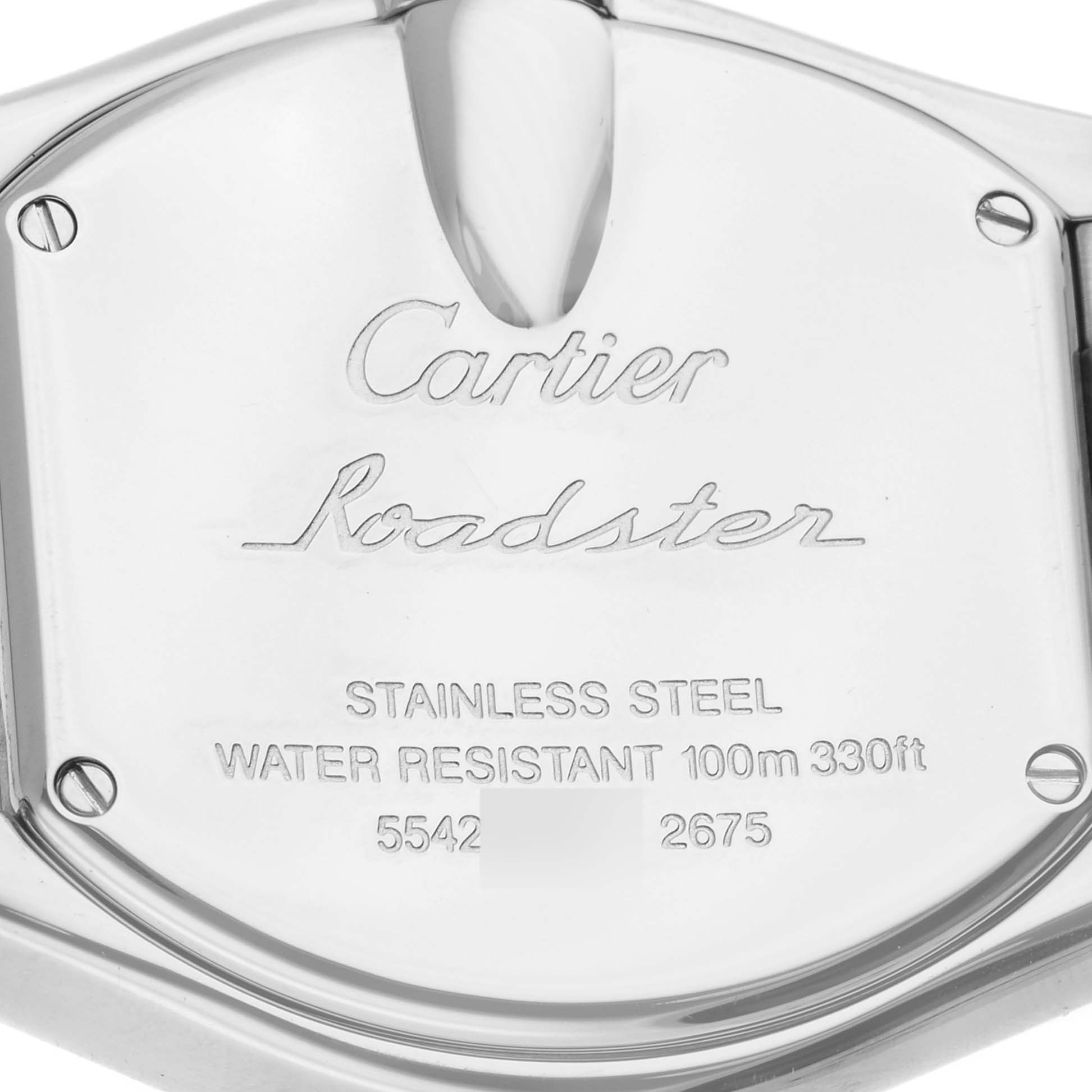 This image shows the back case of the Cartier Roadster W62017V3 Women's Stainless Steel Pink Dial W62017V3 Women's Stainless Steel Pink Dial watch, highlighting its engravings and water resistance details.
