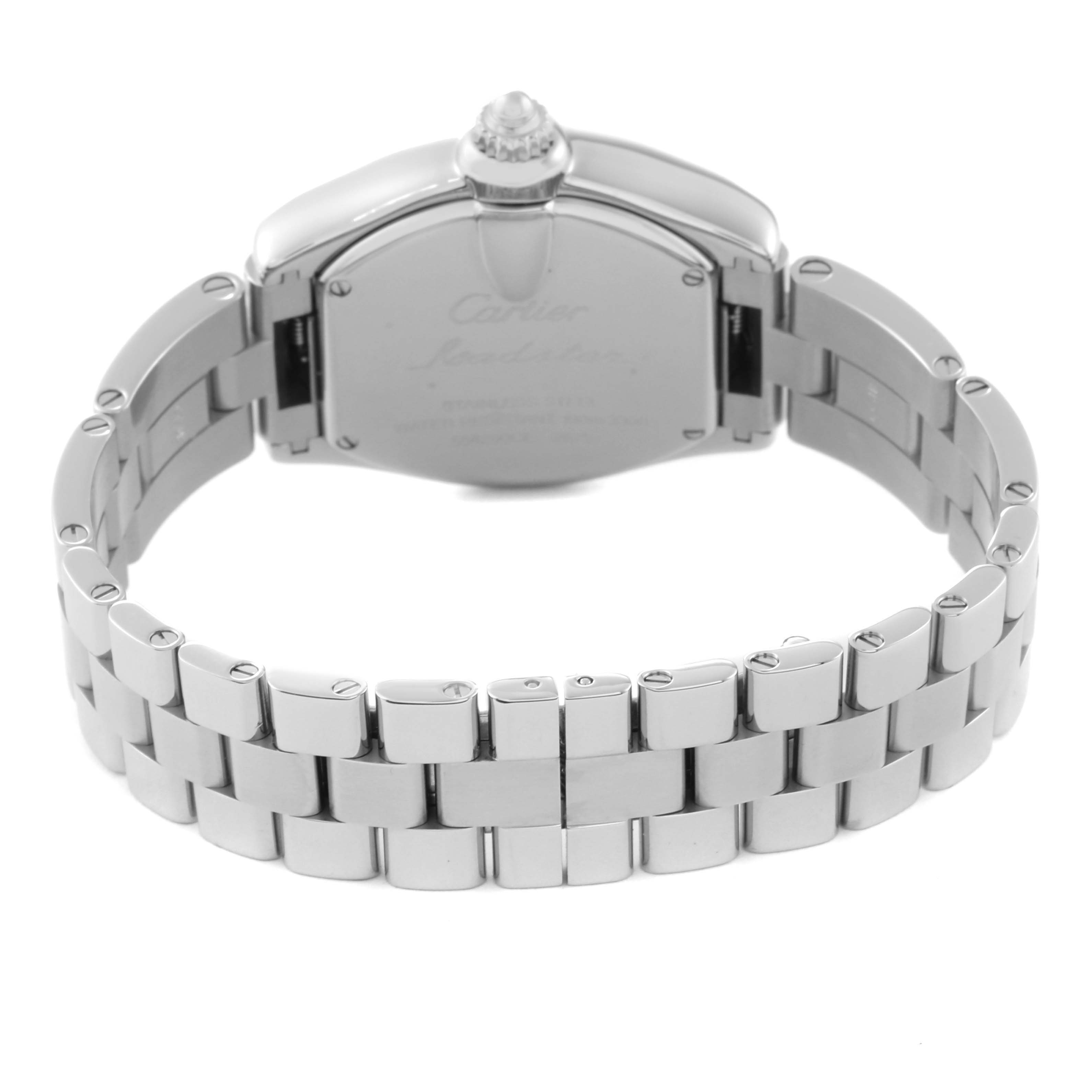 This image shows the back and bracelet of a Cartier Roadster W62017V3 Women's Stainless Steel Pink Dial W62017V3 Women's Stainless Steel Pink Dial watch from a slightly elevated rear angle.