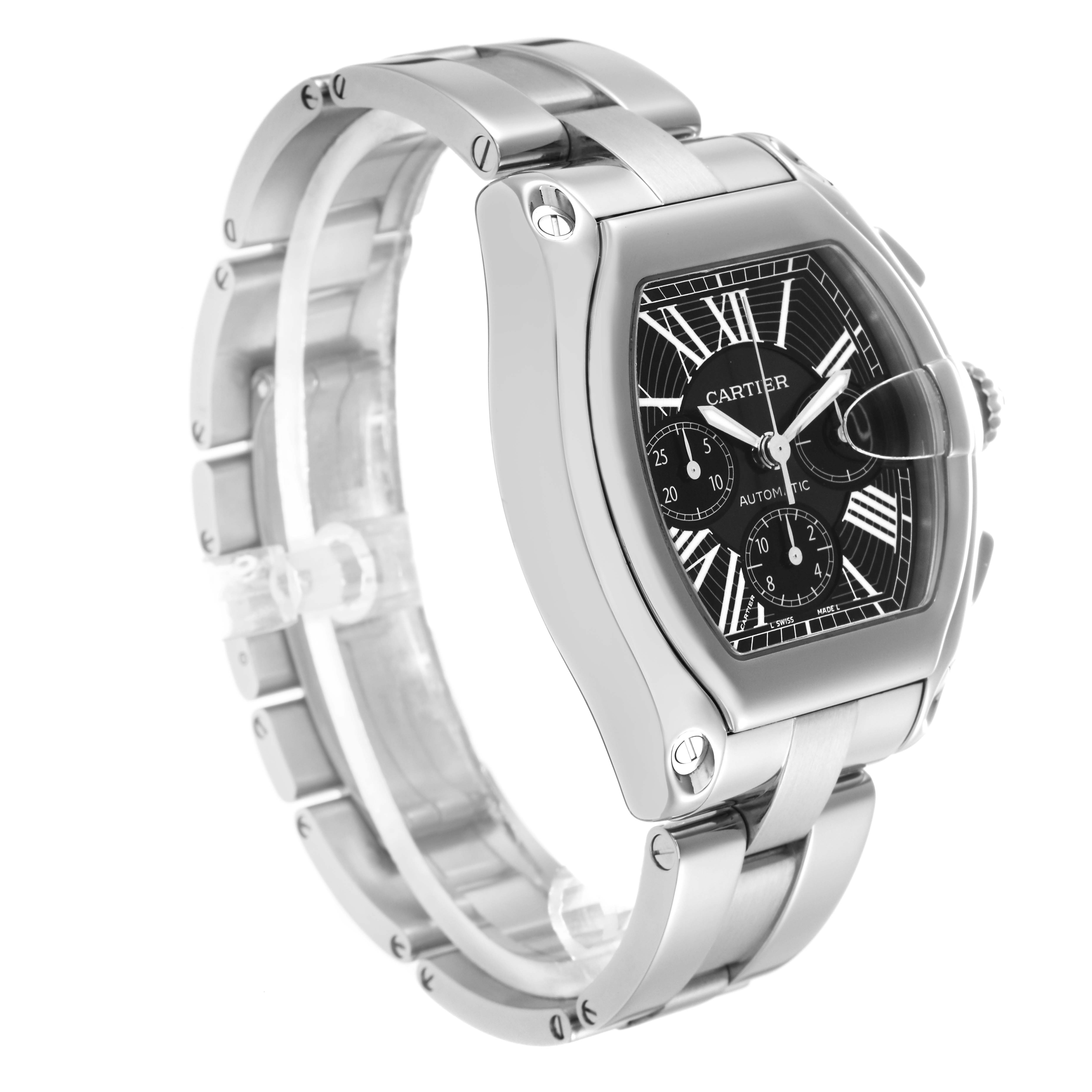 The Cartier Roadster W62020X6 Men
s Stainless Steel Black Dial W62020X6 Men
s Stainless Steel Black Dial watch is shown at a three-quarter angle, highlighting its face, bezel, and bracelet.