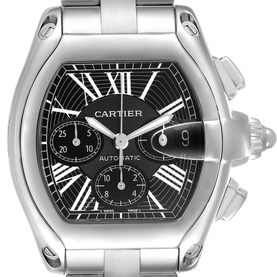 The Cartier Roadster watch is shown from a front angle, highlighting its face, dial, and partial bracelet.