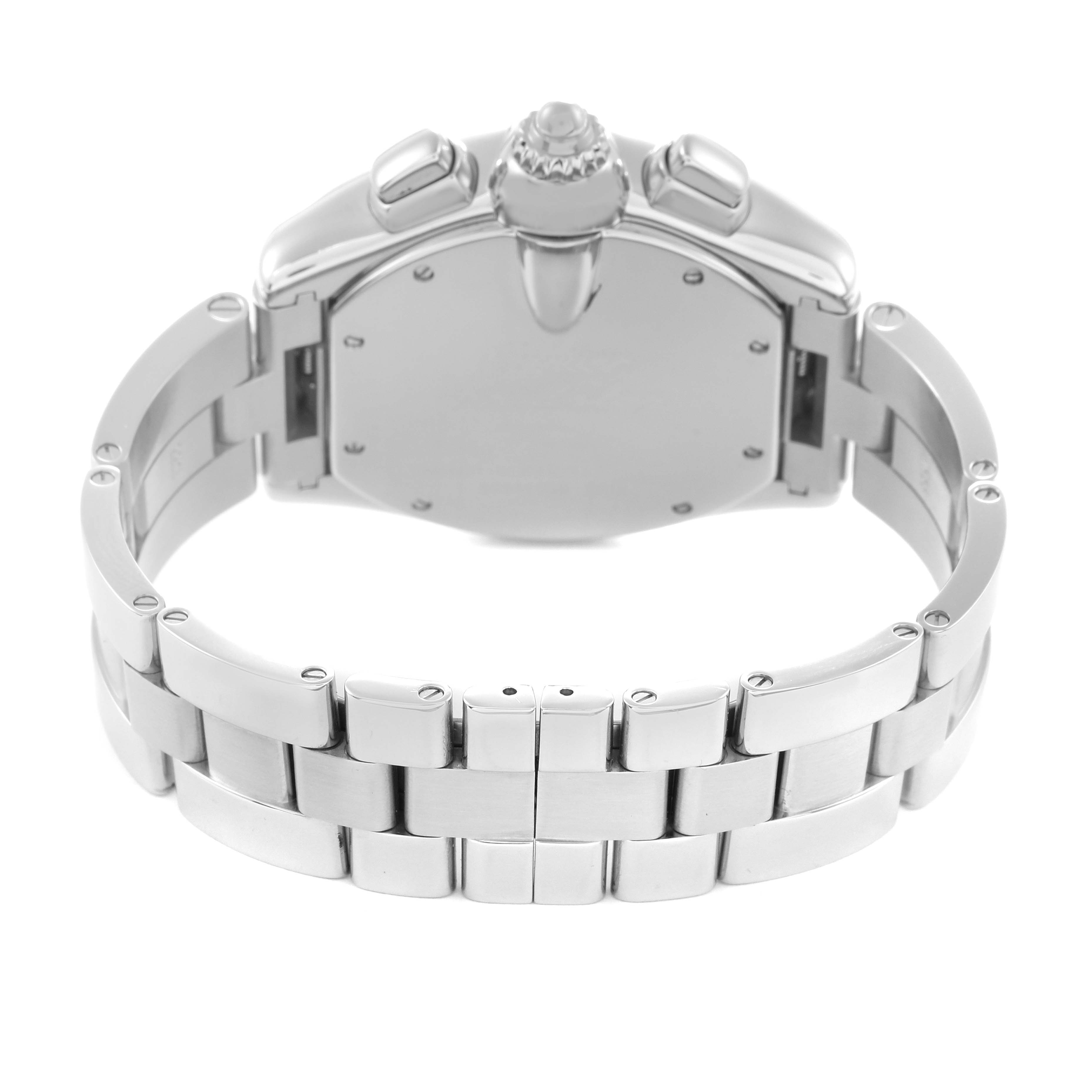 The image shows a rear view of the Cartier Roadster W62020X6 Men
s Stainless Steel Black Dial W62020X6 Men
s Stainless Steel Black Dial watch, highlighting its clasp and links.