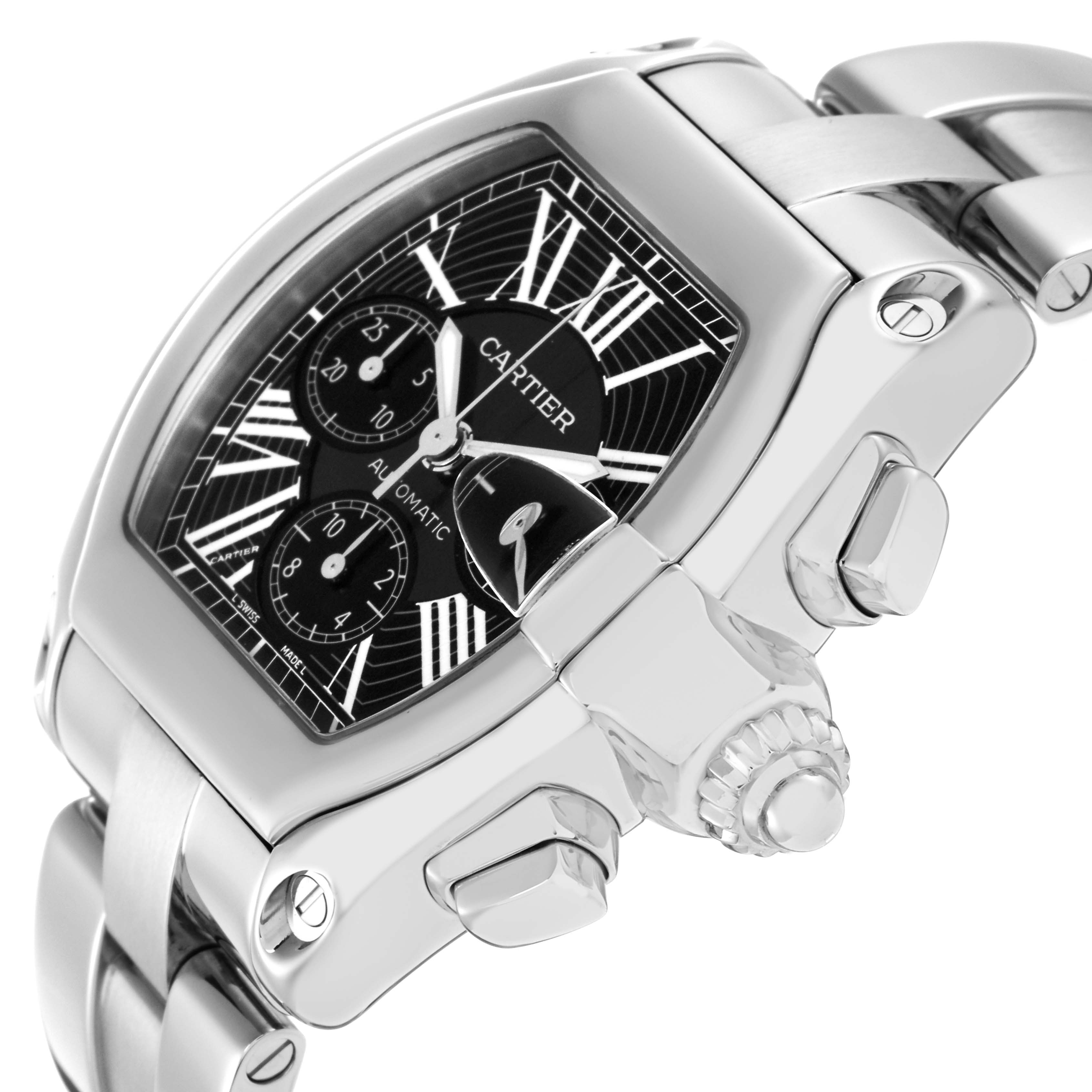 The Cartier Roadster W62020X6 Men
s Stainless Steel Black Dial W62020X6 Men
s Stainless Steel Black Dial watch is shown at an angle highlighting the face, crown, and stainless steel bracelet.