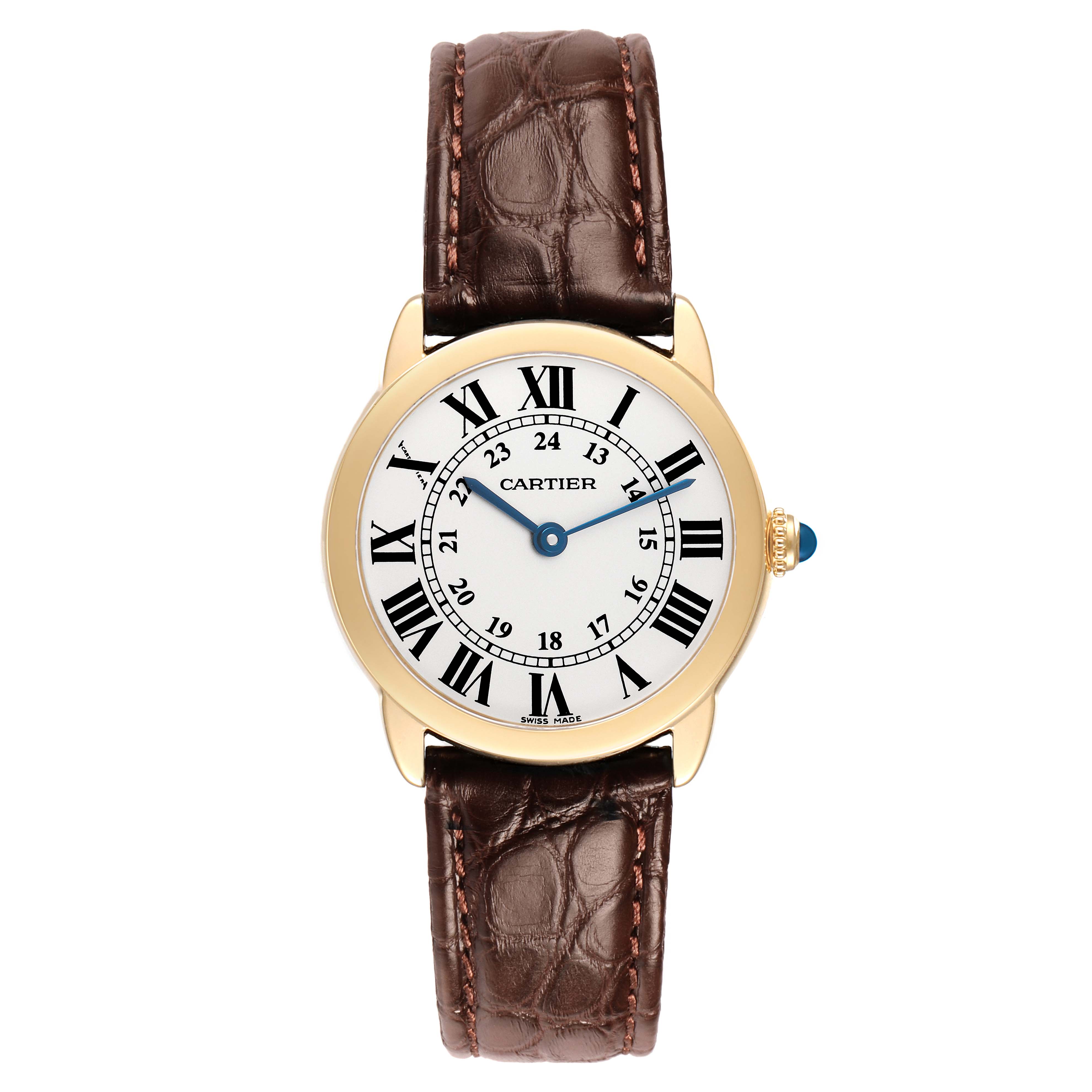 The Cartier Ronde W6700355 Women's Yellow Gold Silver Dial watch is shown from a front view, displaying its round face, Roman numerals, and brown leather strap.