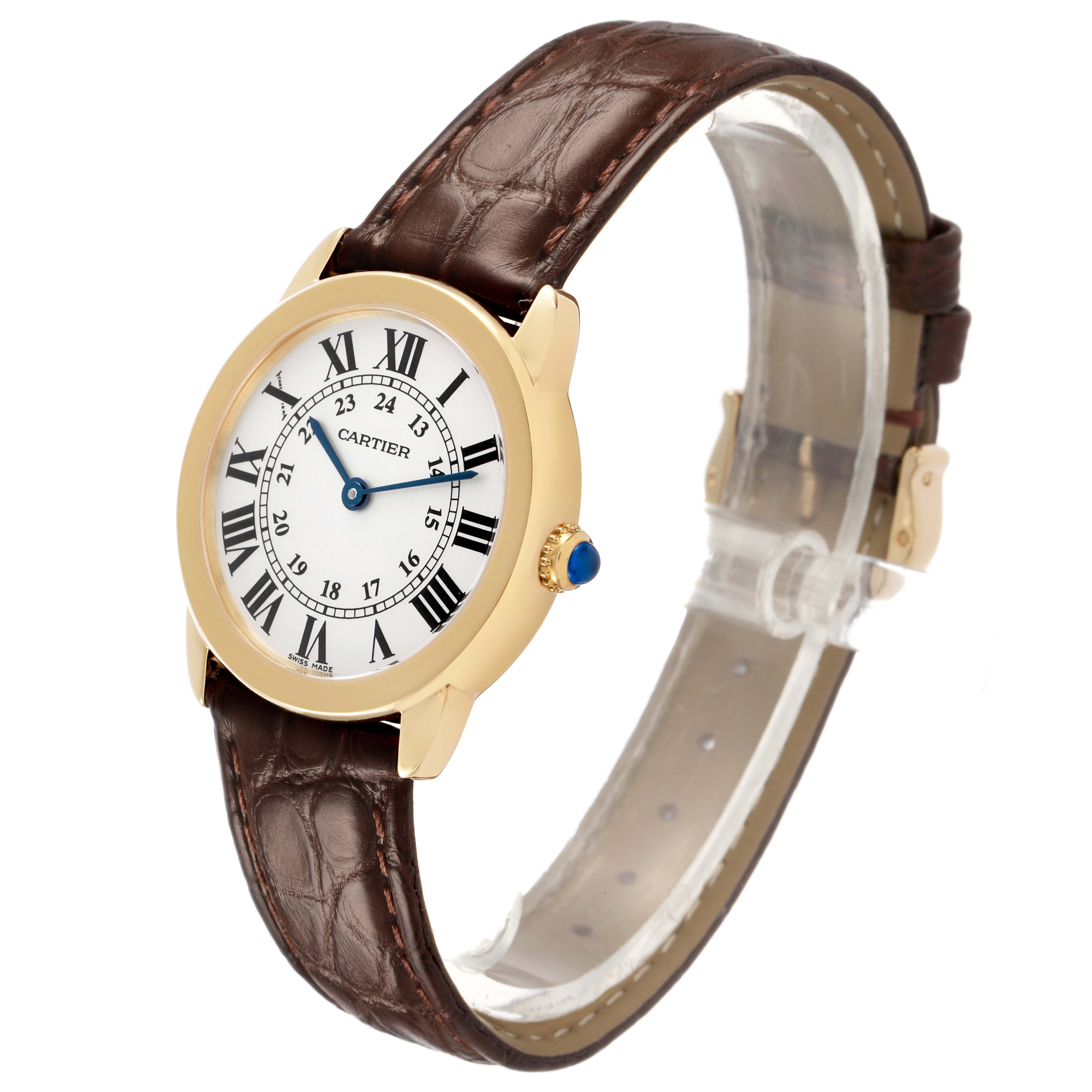 The Cartier Ronde W6700355 Women's Yellow Gold Silver Dial watch is shown at a slight angle, highlighting its round case, Roman numerals, and brown leather strap.