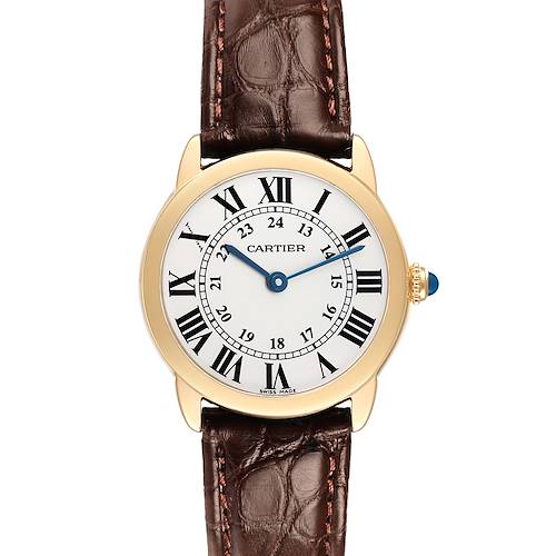 The Cartier Ronde W6700355 Women's Yellow Gold Silver Dial watch is shown head-on, displaying the face, Roman numerals, hands, bezel, and part of the leather strap.