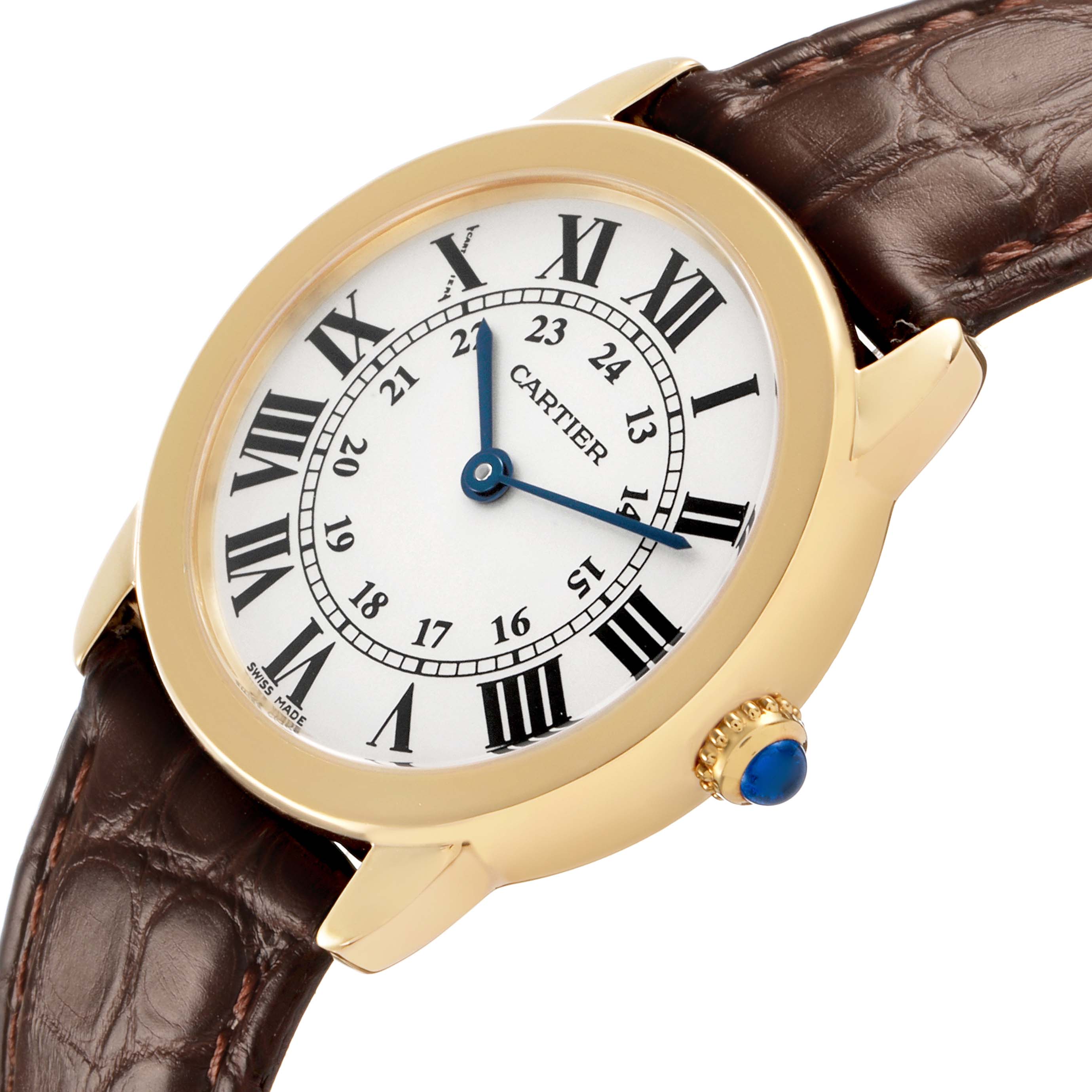The Cartier Ronde W6700355 Women's Yellow Gold Silver Dial watch is shown at a slight angle, highlighting the face, Roman numerals, blue hands, gold case, and brown leather strap.